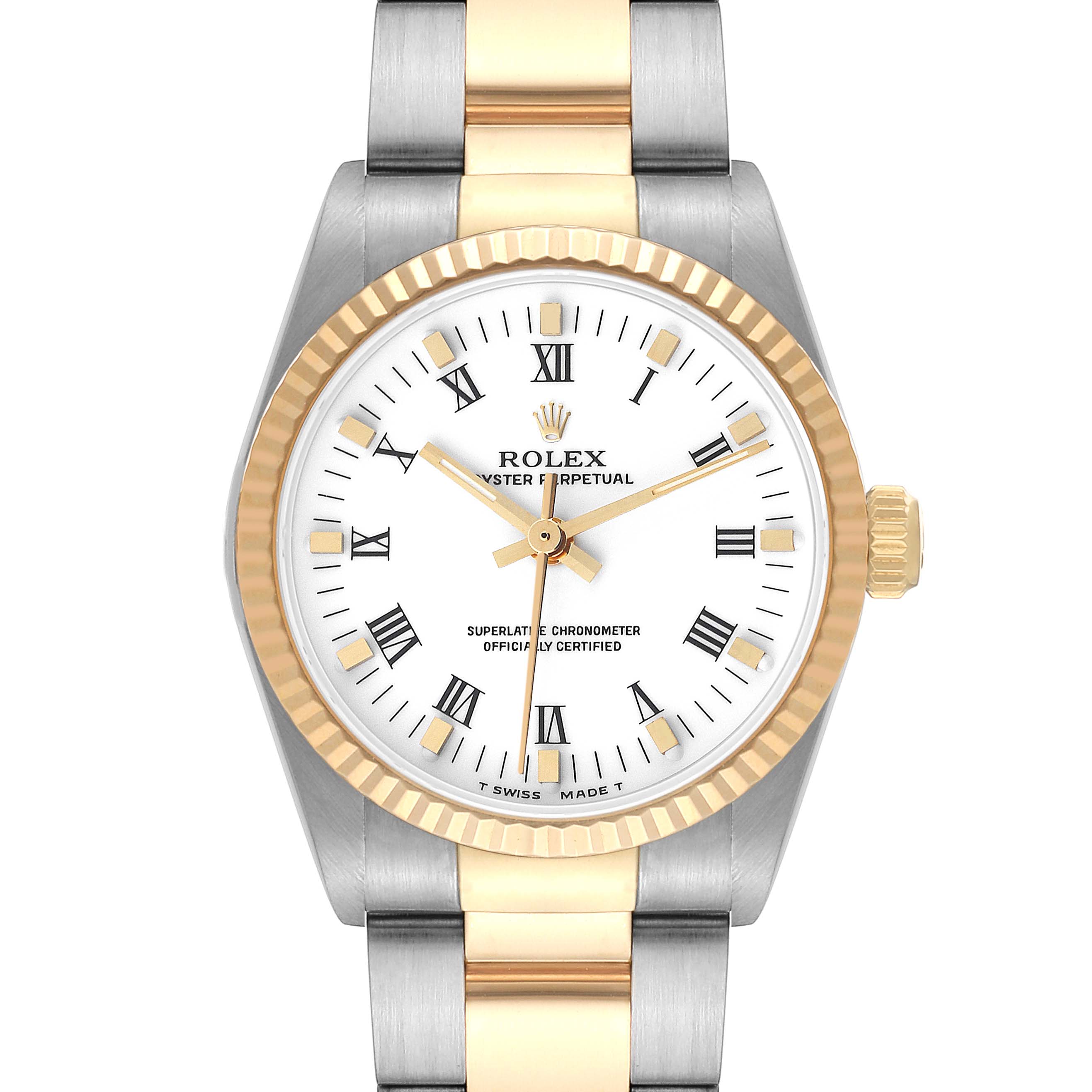 The image shows a front view of a Rolex Mid-Size 67513 Women
s Steel and Gold (two tone) White Dial 67513 Women
s Steel and Gold (two tone) White Dial watch featuring a two-tone metal bracelet and a white dial with Roman numerals.