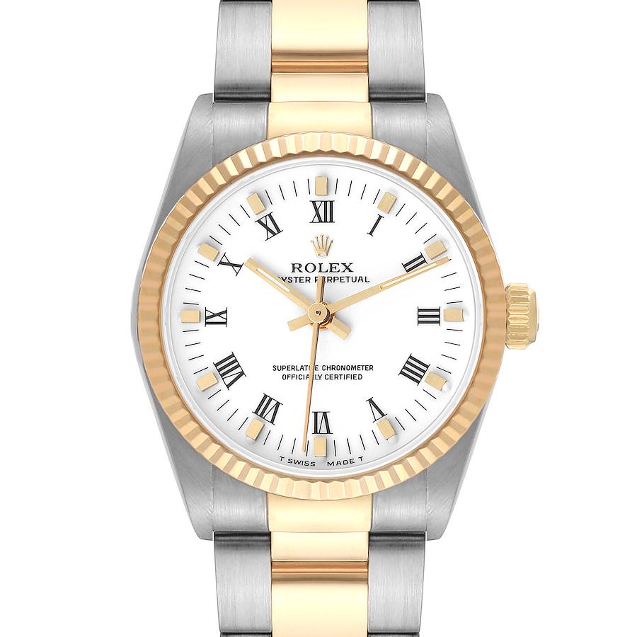 Rolex Midsize Yellow Gold Steel White Roman Dial Ladies Watch 67513 Box Papers SwissWatchExpo