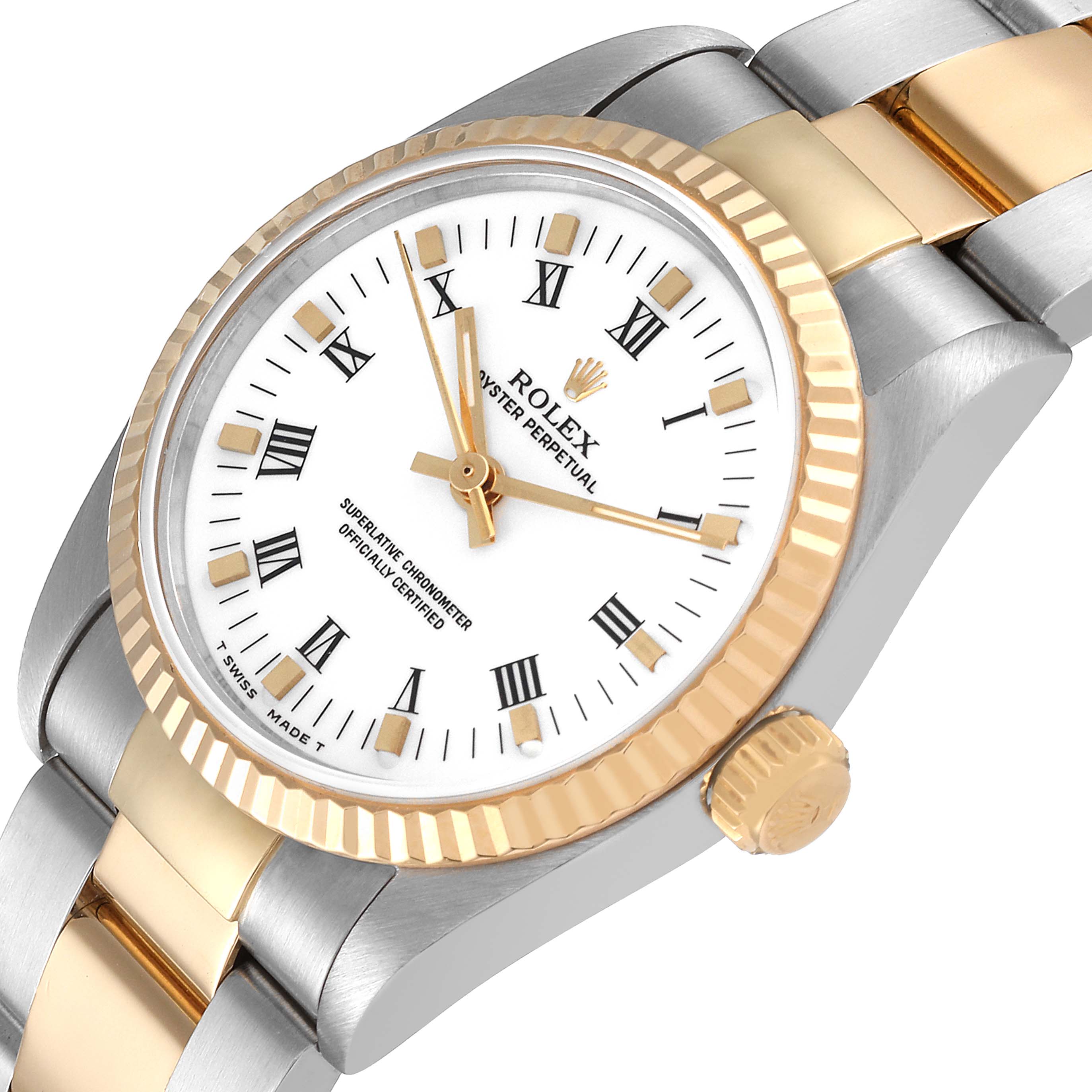 This image shows a close-up of a Mid-Size Rolex watch, highlighting the dial, bezel, crown, and parts of the bracelet.