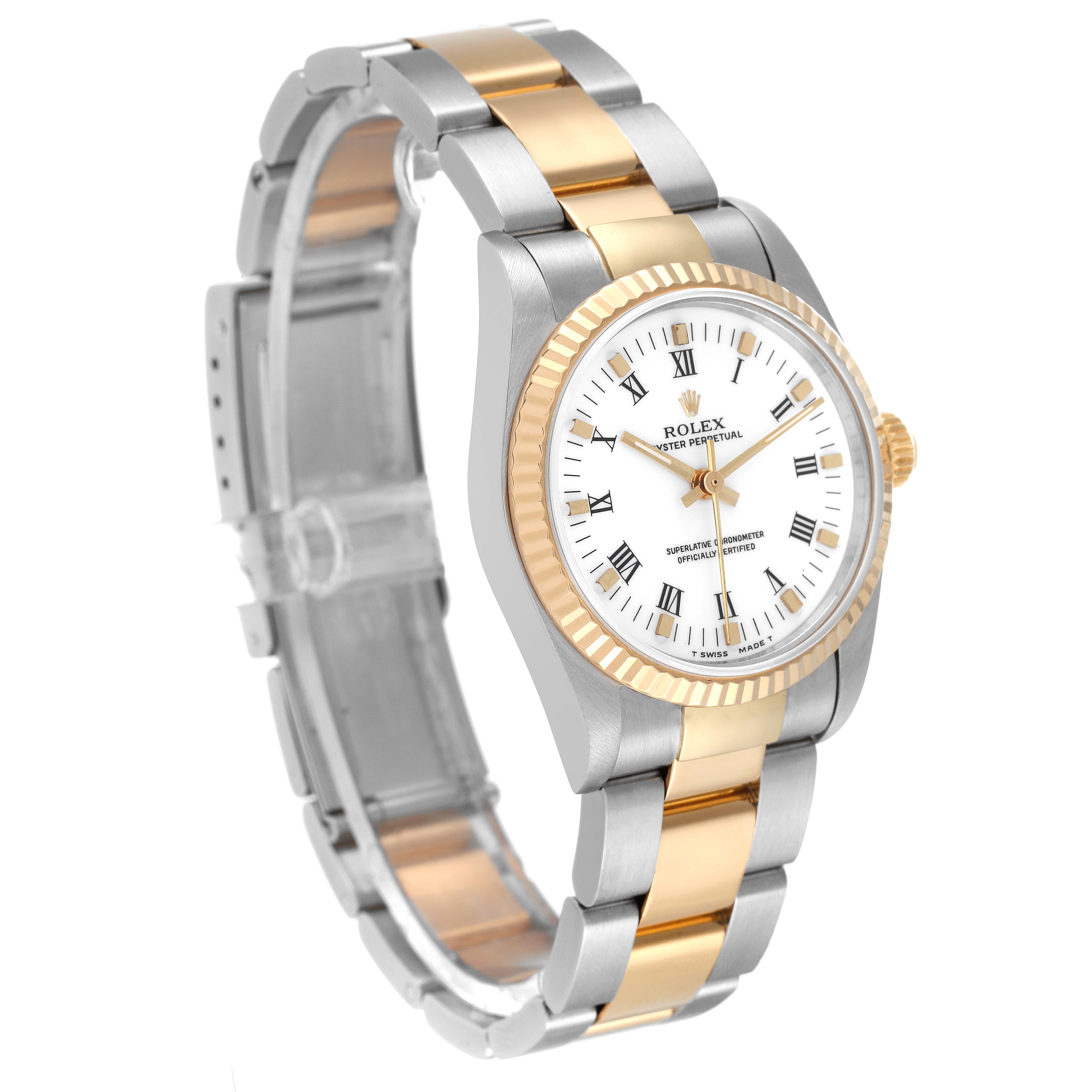 This image shows a Mid-Size Rolex watch from an upper front angled view, highlighting its bezel, dial, and bracelet.