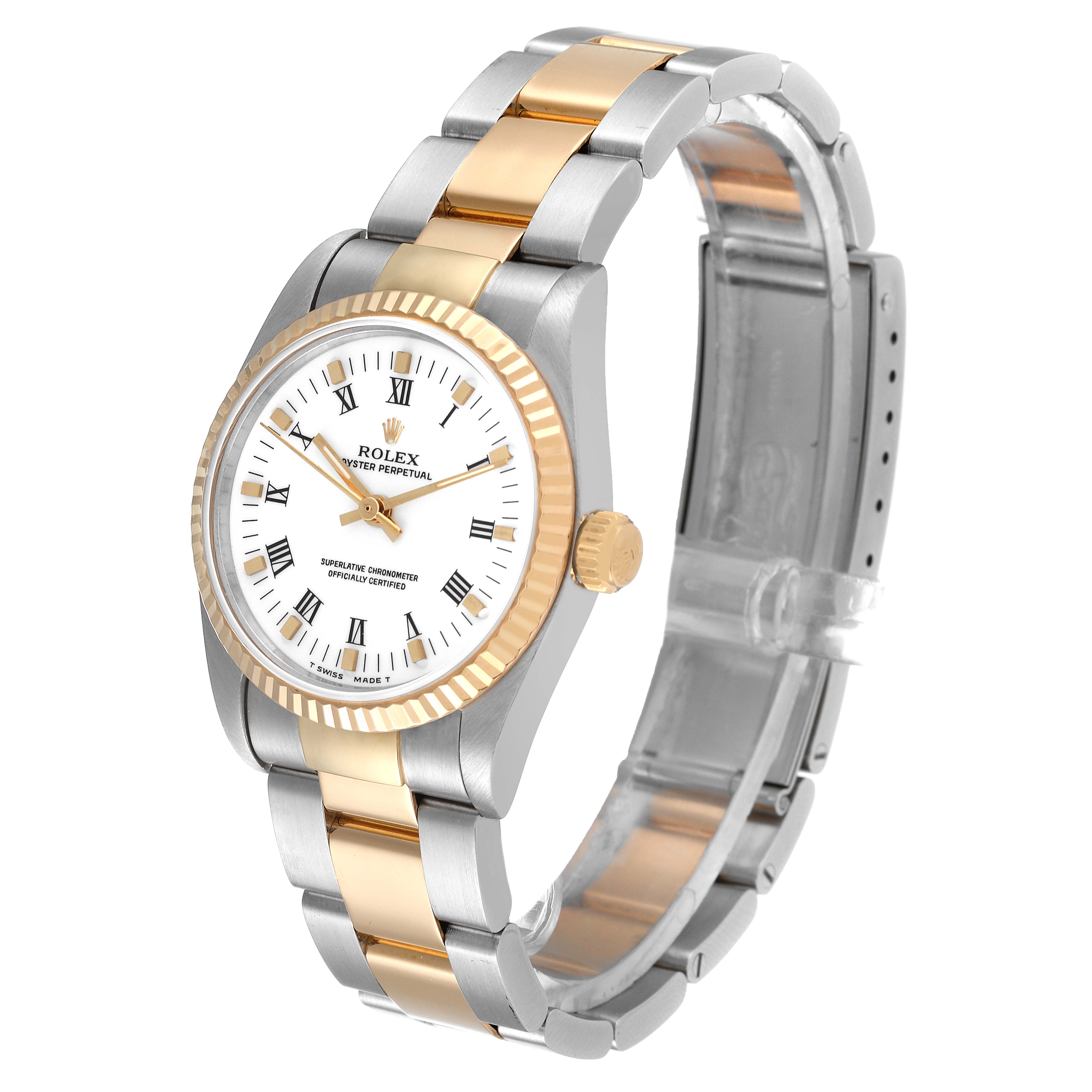 This image shows a front angled view of a Rolex Mid-Size 67513 Women
s Steel and Gold (two tone) White Dial 67513 Women
s Steel and Gold (two tone) White Dial Oyster Perpetual with a two-tone metal band and white dial.