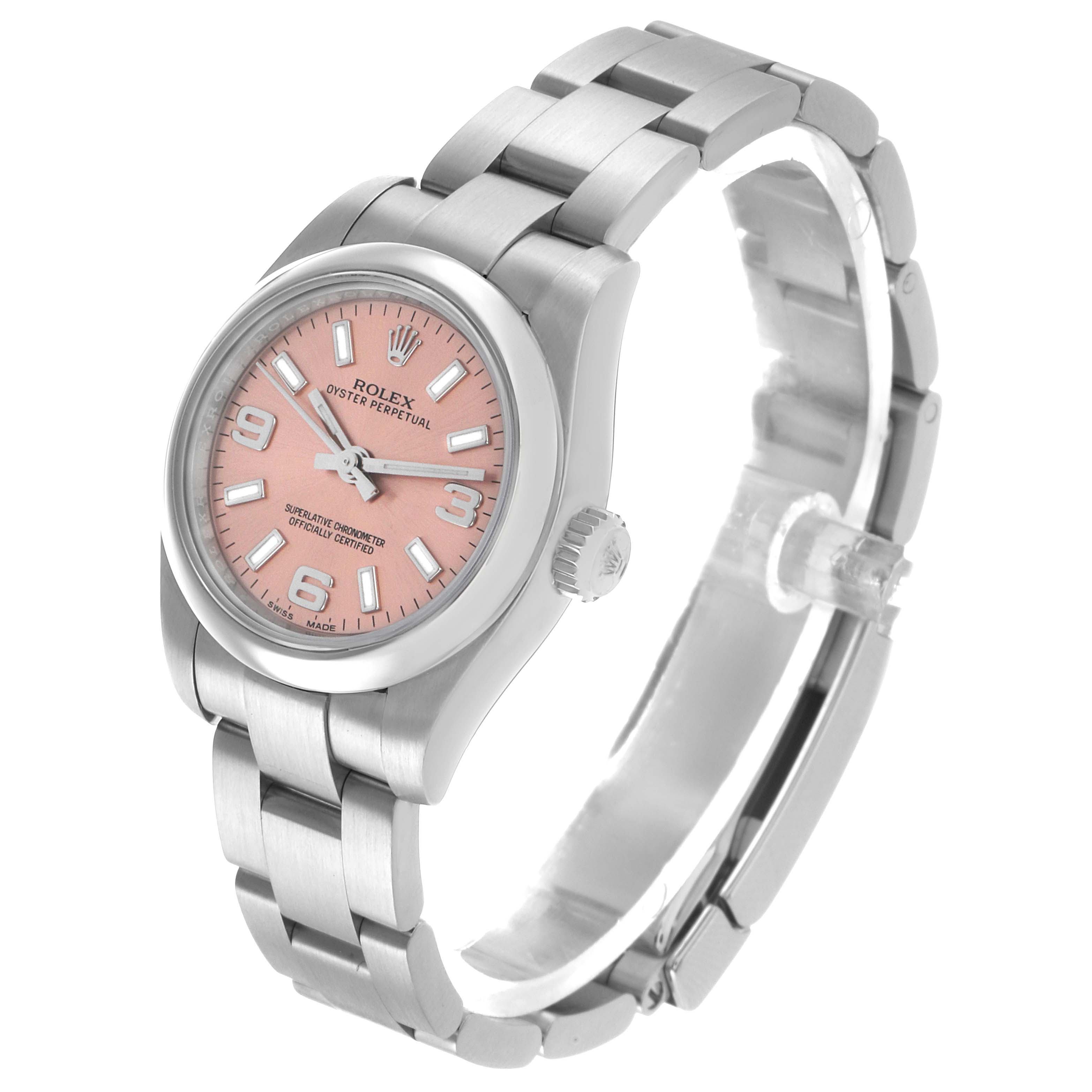 The Rolex Oyster Perpetual 176200 Women's Stainless Steel Pink Dial watch is shown at a three-quarter angle, displaying the watch face, case, crown, and bracelet.