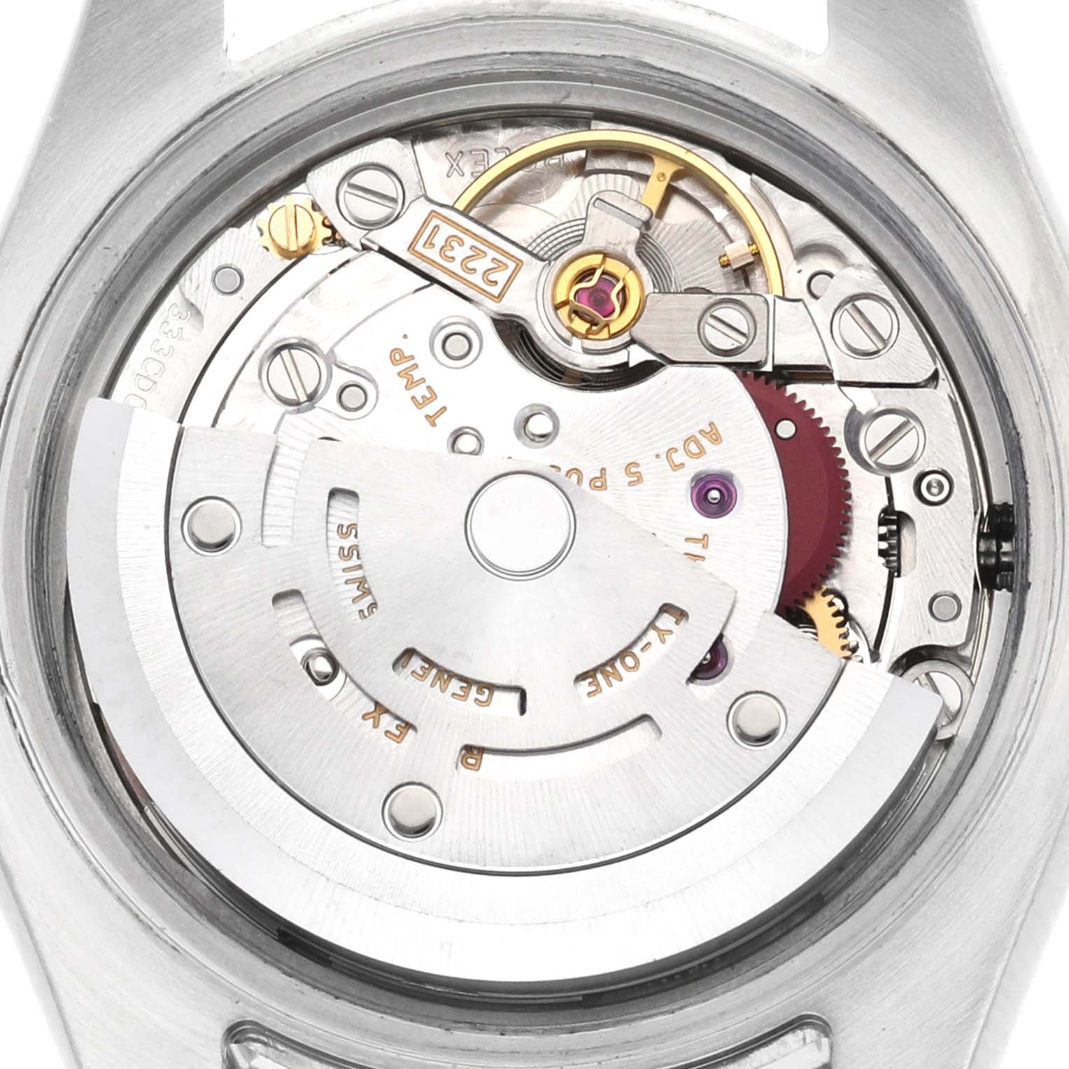 The image shows the movement mechanism of a Rolex Oyster Perpetual 176200 Women's Stainless Steel Pink Dial watch from a rear angle, highlighting gears and rotors.