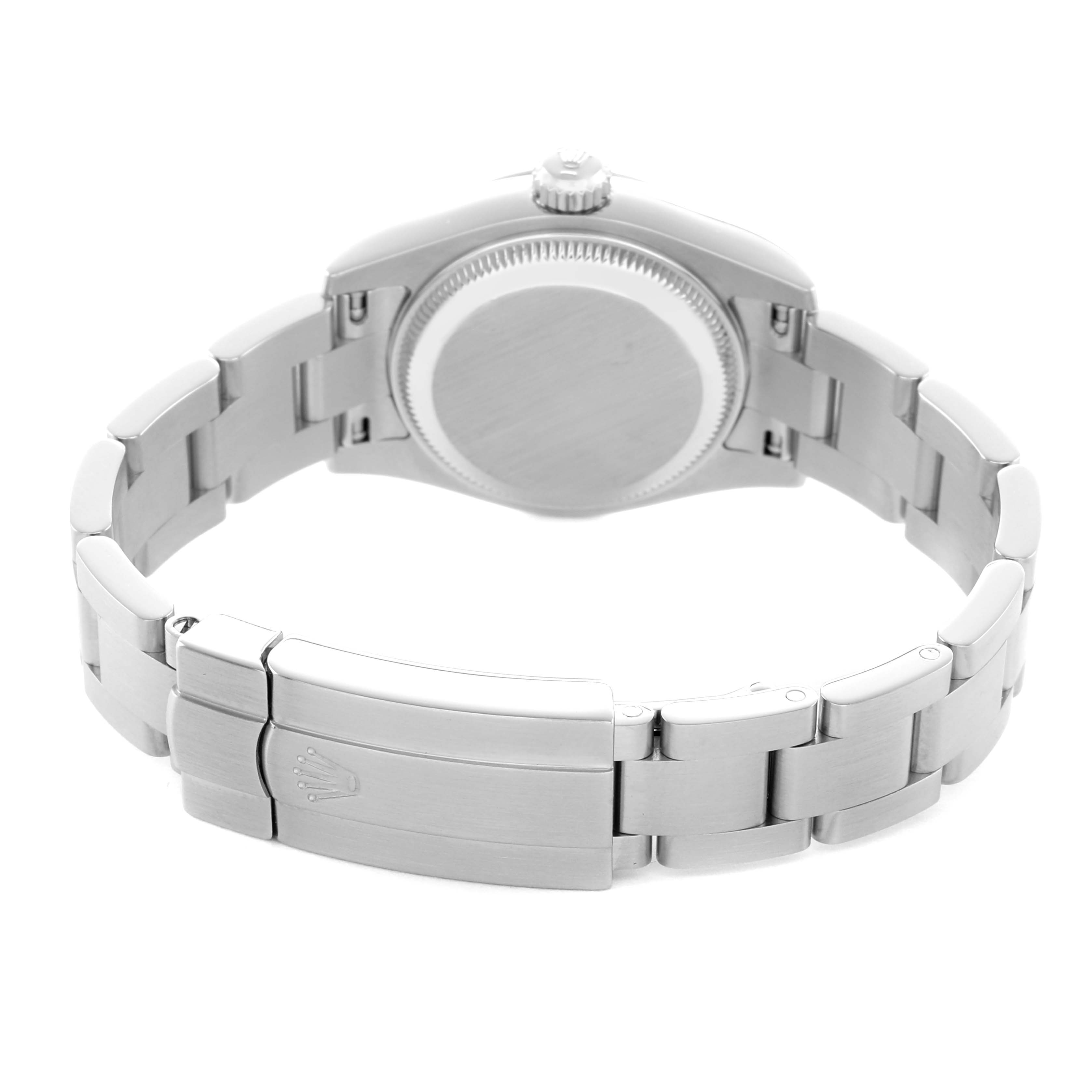 The image shows the back and clasp of a Rolex Oyster Perpetual 176200 Women's Stainless Steel Pink Dial watch from a rear angled view.