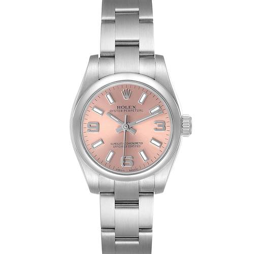 The Rolex Oyster Perpetual 176200 Women's Stainless Steel Pink Dial watch is shown from a front angle, displaying the dial, case, bracelet, and crown.