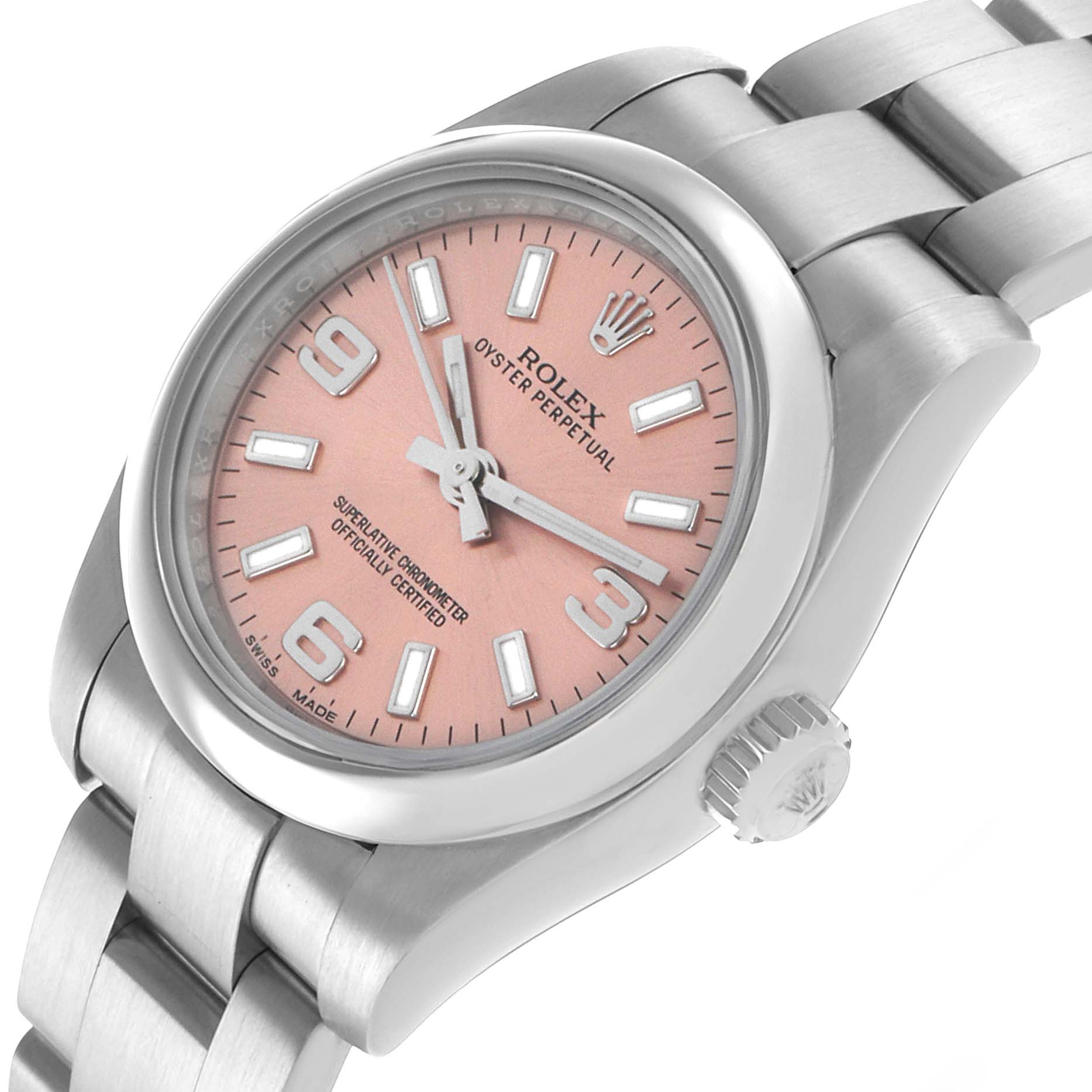 The Rolex Oyster Perpetual 176200 Women's Stainless Steel Pink Dial watch is shown at an angled close-up, highlighting the dial, bezel, bracelet, and crown.