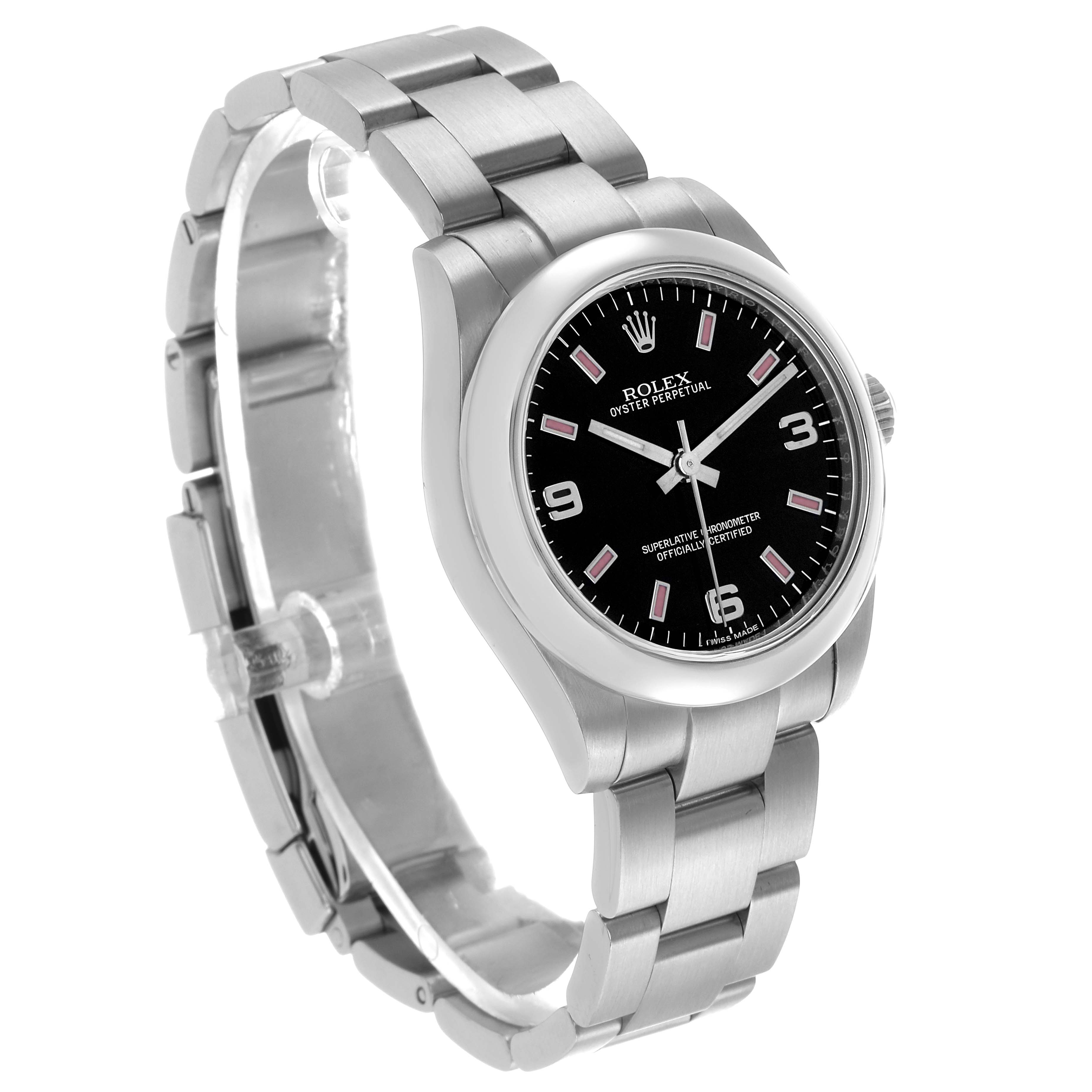 The Rolex Mid-Size 177200 Women's Stainless Steel Black Dial watch is shown at a slight angle, displaying the black dial, hour markers, hands, case, and stainless steel bracelet.