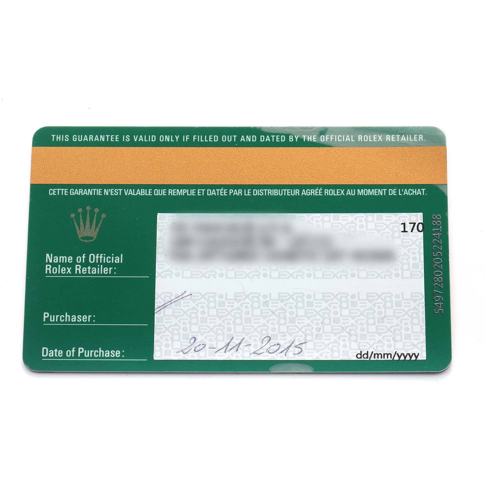 The image shows a warranty card for a Rolex Mid-Size 177200 Women's Stainless Steel Black Dial model, viewed from the front.