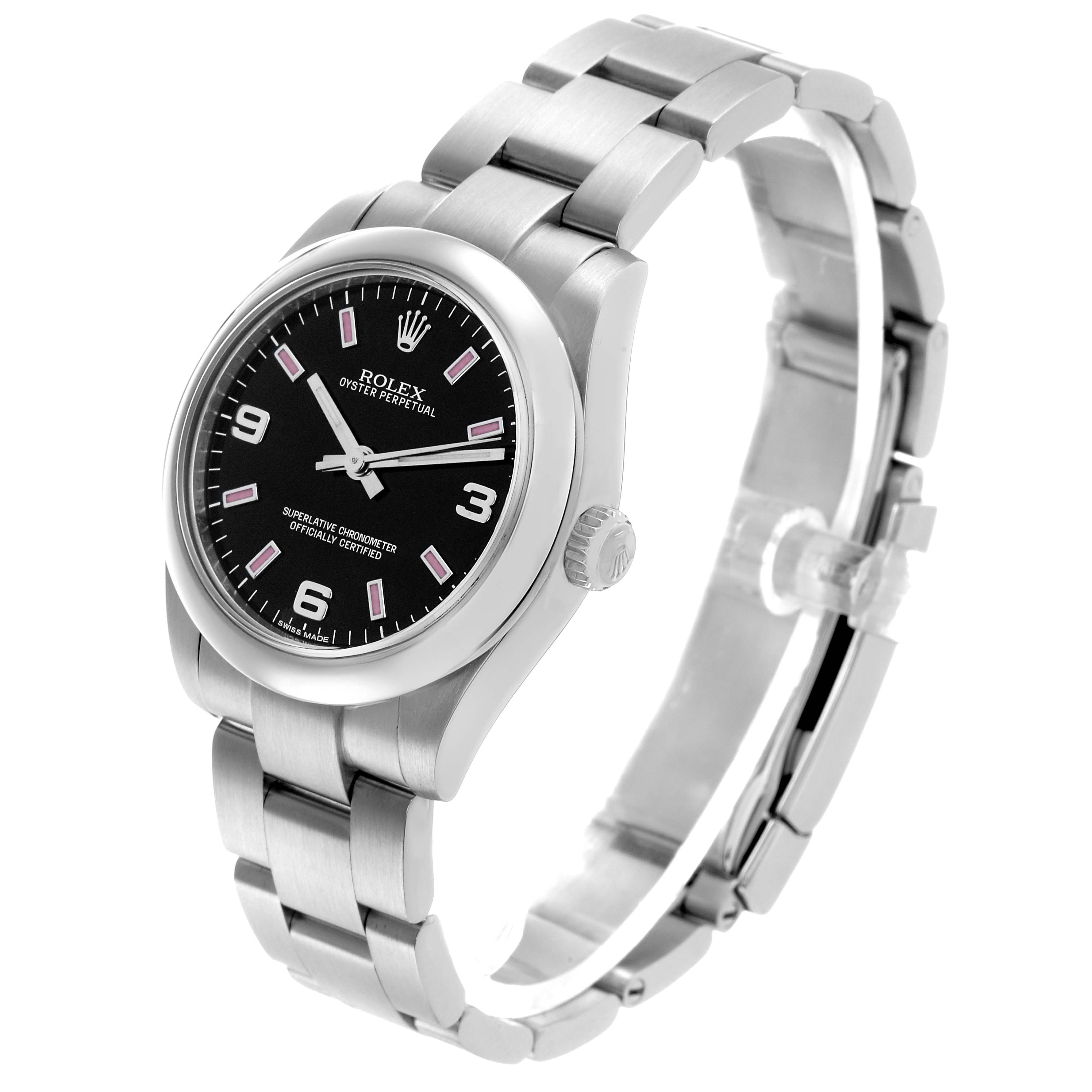 The Rolex Mid-Size 177200 Women's Stainless Steel Black Dial watch is shown from an angled side view displaying the face, bezel, crown, and bracelet.