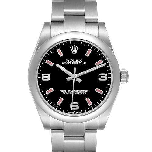 The Rolex Mid-Size 177200 Women's Stainless Steel Black Dial watch is shown from the front, displaying the dial, bezel, crown, and part of the bracelet.