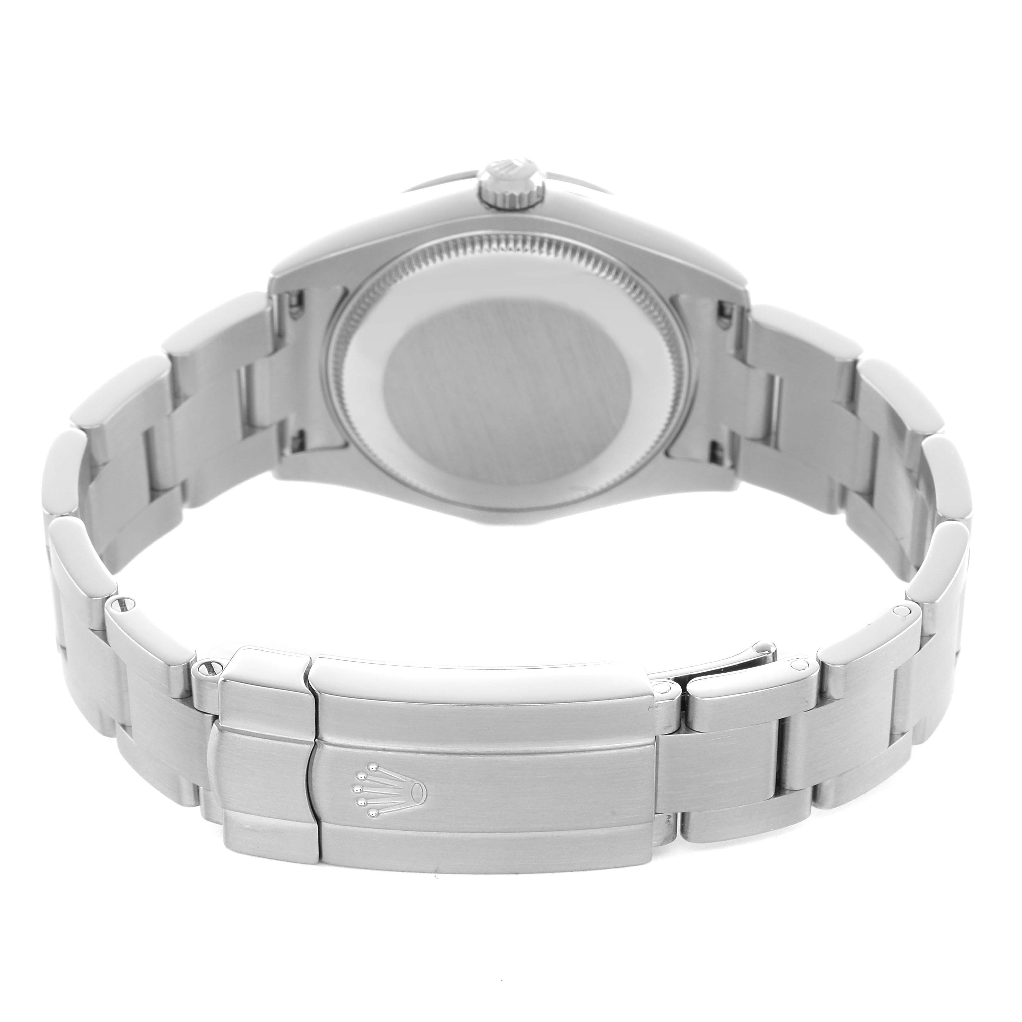 The image shows the back and clasp of a Rolex Mid-Size 177200 Women's Stainless Steel Black Dial model, highlighting the bracelet and case back.