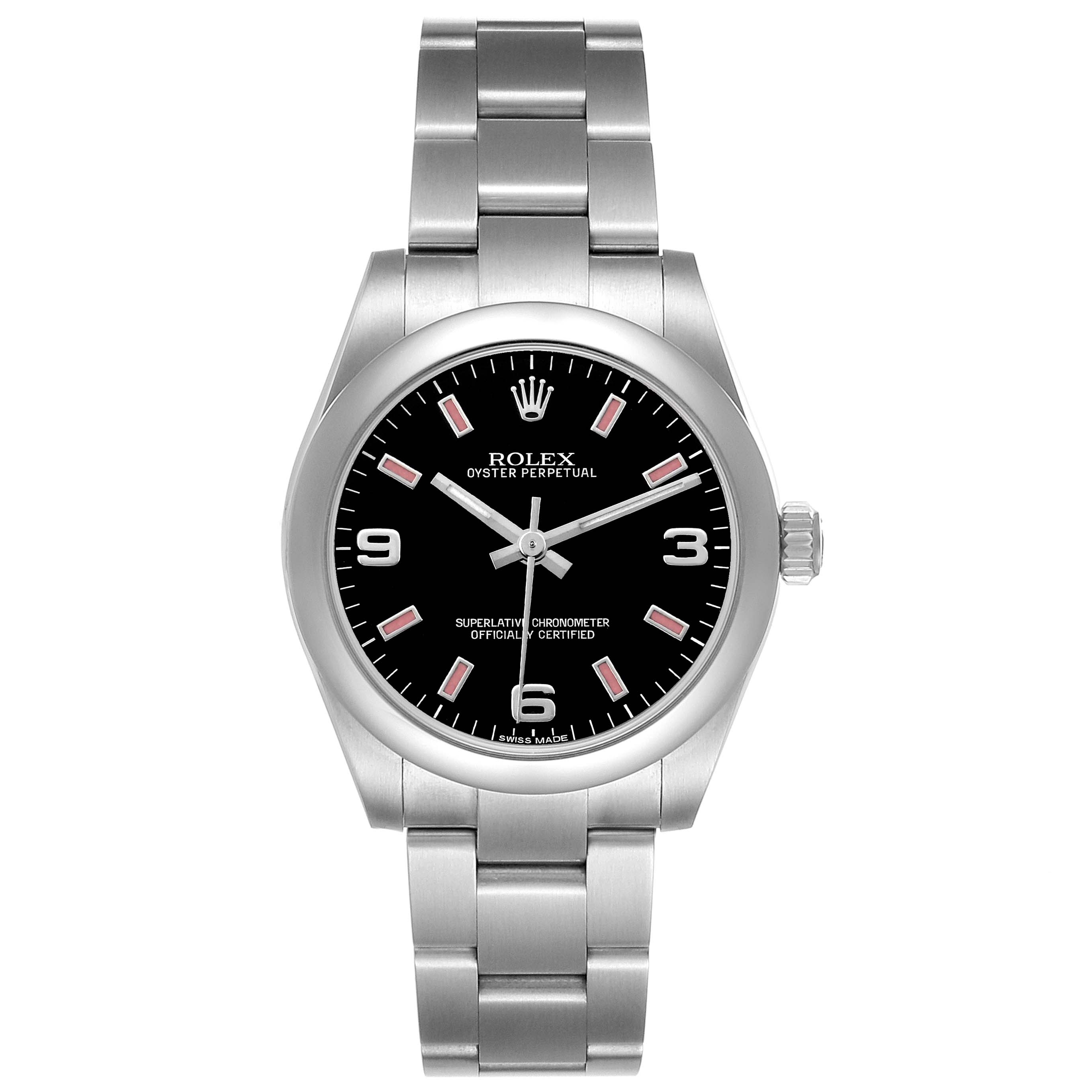 The Rolex Mid-Size 177200 Women's Stainless Steel Black Dial watch is shown from a front angle, displaying its black dial, stainless steel case, and bracelet.
