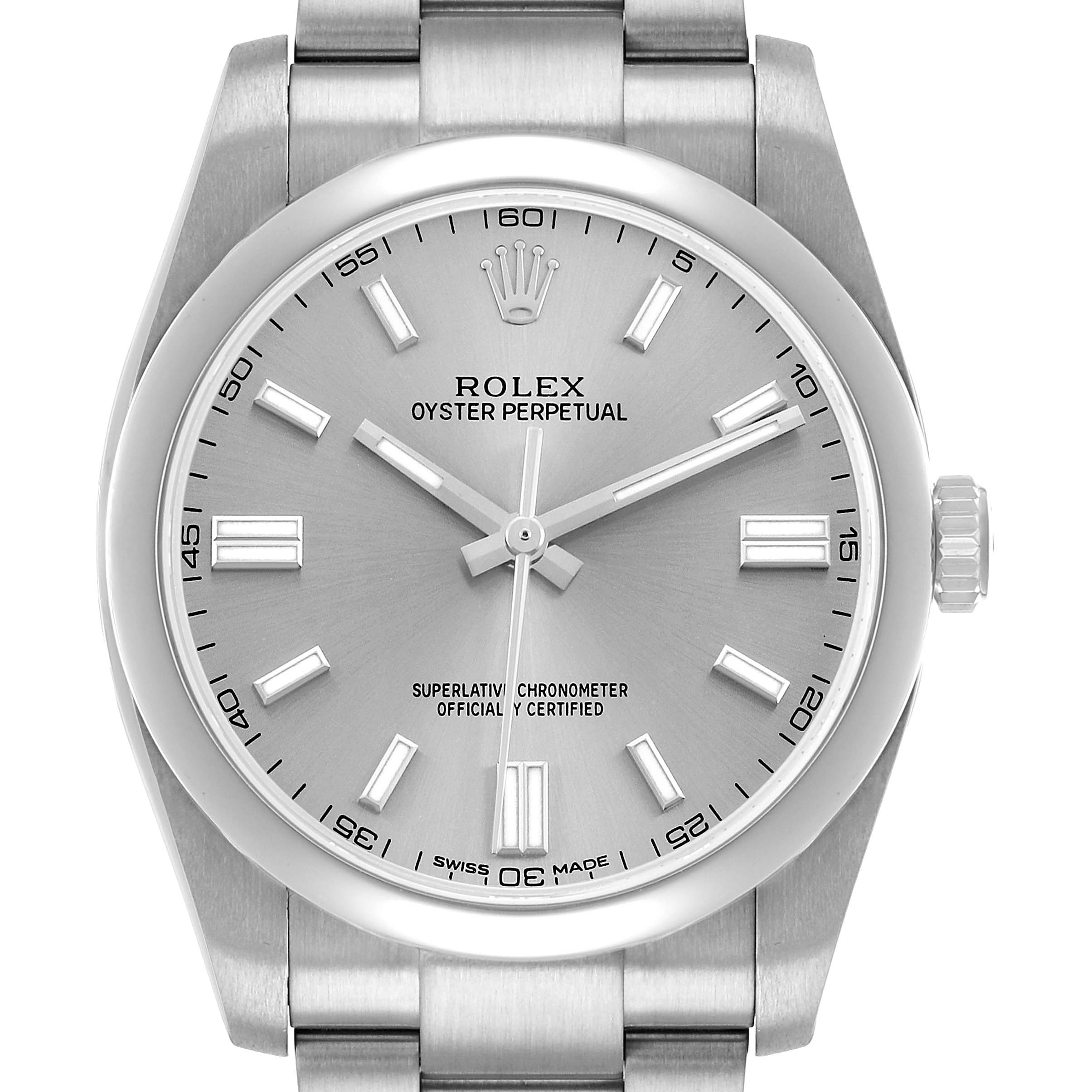 The Rolex Oyster Perpetual 116000 Men's Stainless Steel Silver Dial watch is shown from a front angle, displaying the face, bezel, and part of the bracelet.
