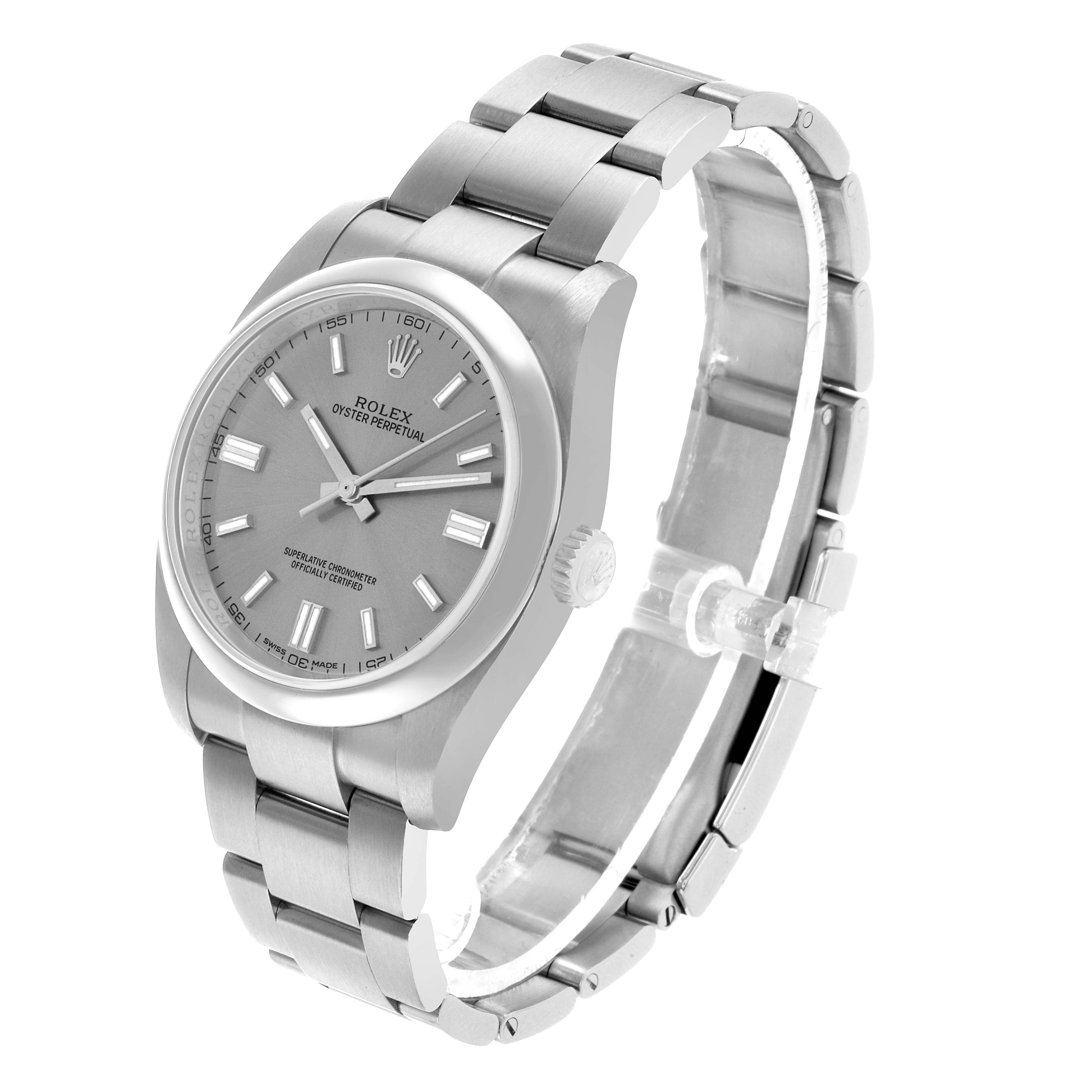 The Rolex Oyster Perpetual 116000 Men's Stainless Steel Silver Dial watch is shown at a three-quarter angle, displaying the face, bezel, crown, and bracelet.