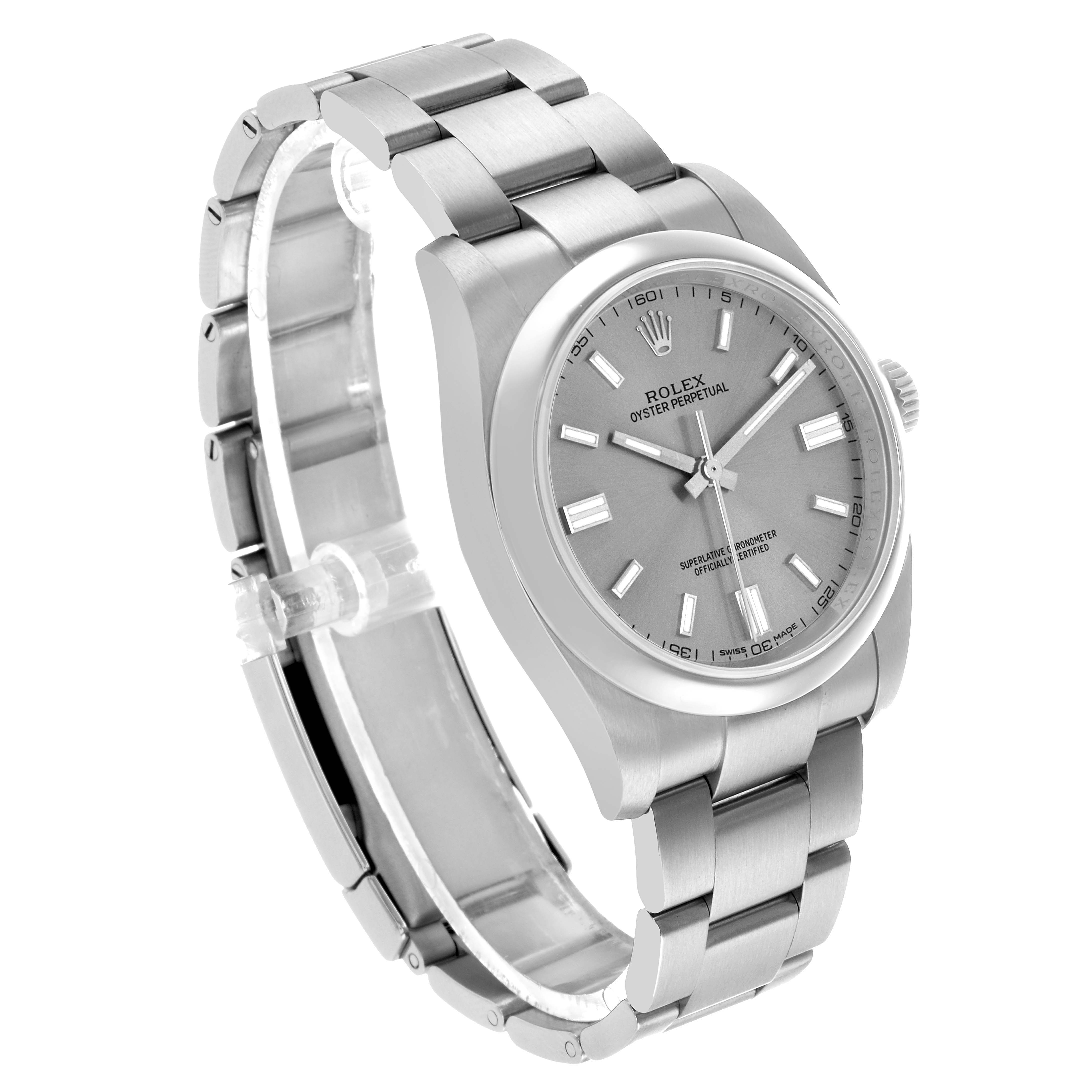 The Rolex Oyster Perpetual 116000 Men's Stainless Steel Silver Dial watch is shown at a three-quarter angle, showcasing the face, bracelet, and crown.