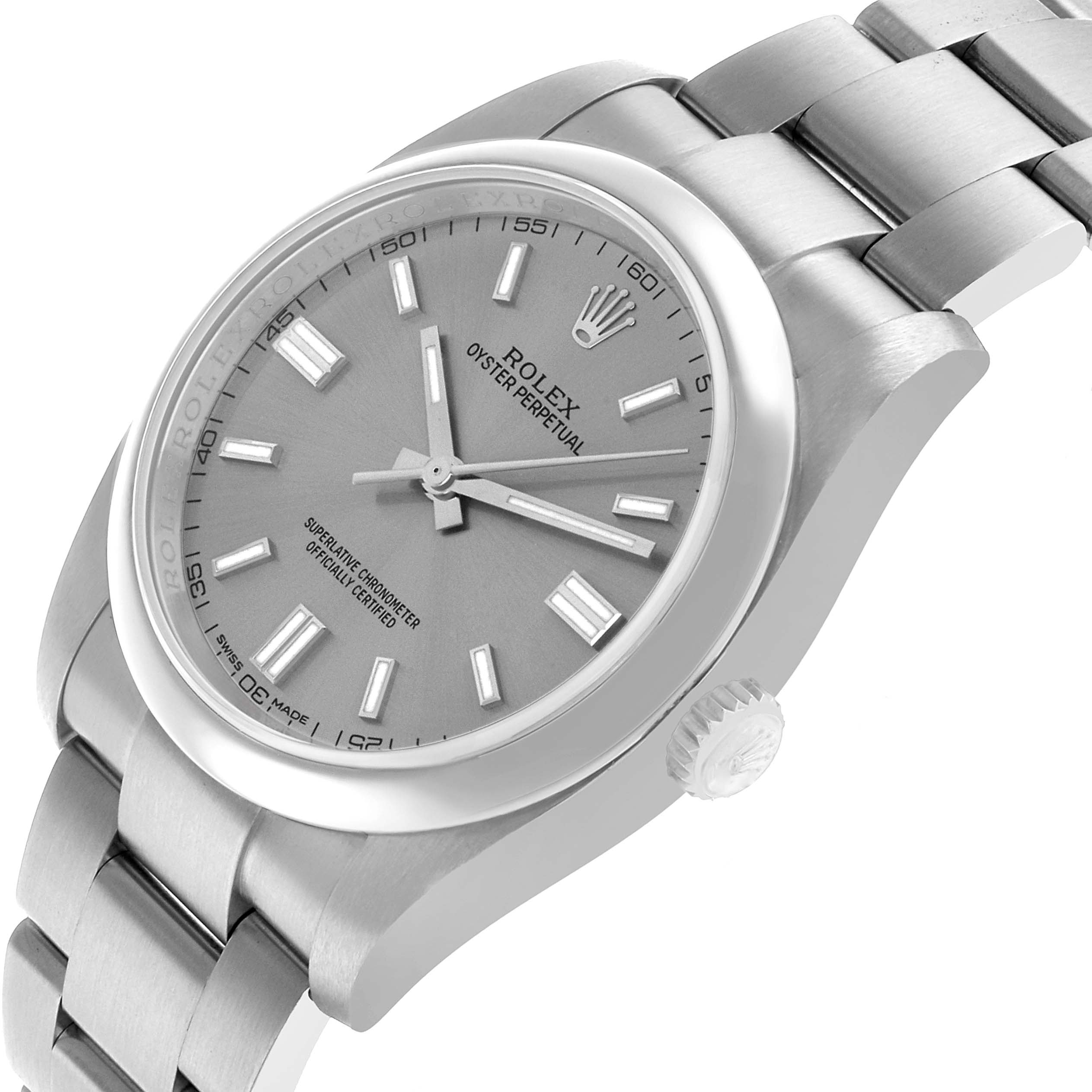 The Rolex Oyster Perpetual 116000 Men's Stainless Steel Silver Dial watch is angled showcasing the face, crown, and part of the bracelet.
