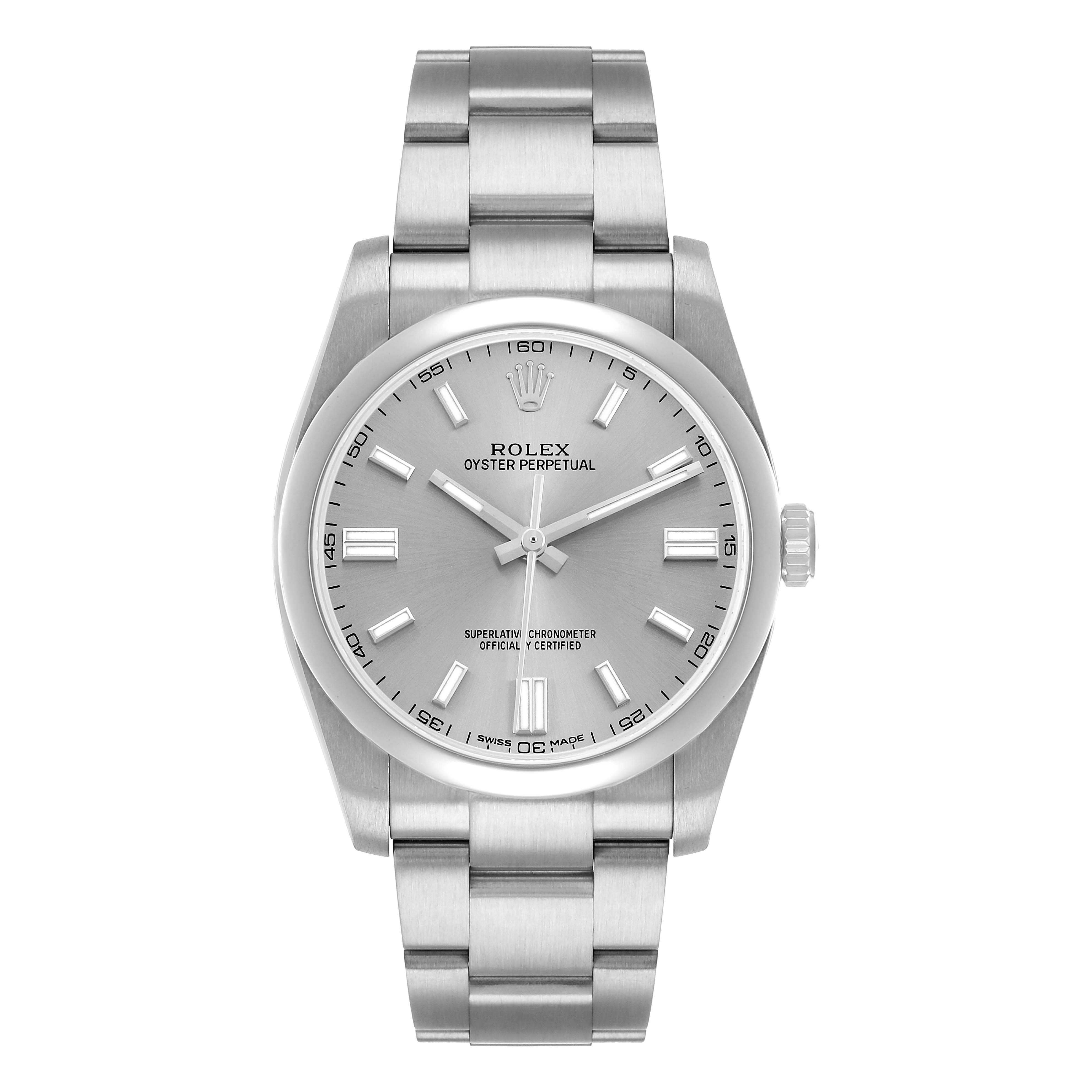 The Rolex Oyster Perpetual 116000 Men's Stainless Steel Silver Dial is shown from the front, highlighting the dial, case, bracelet, and crown.