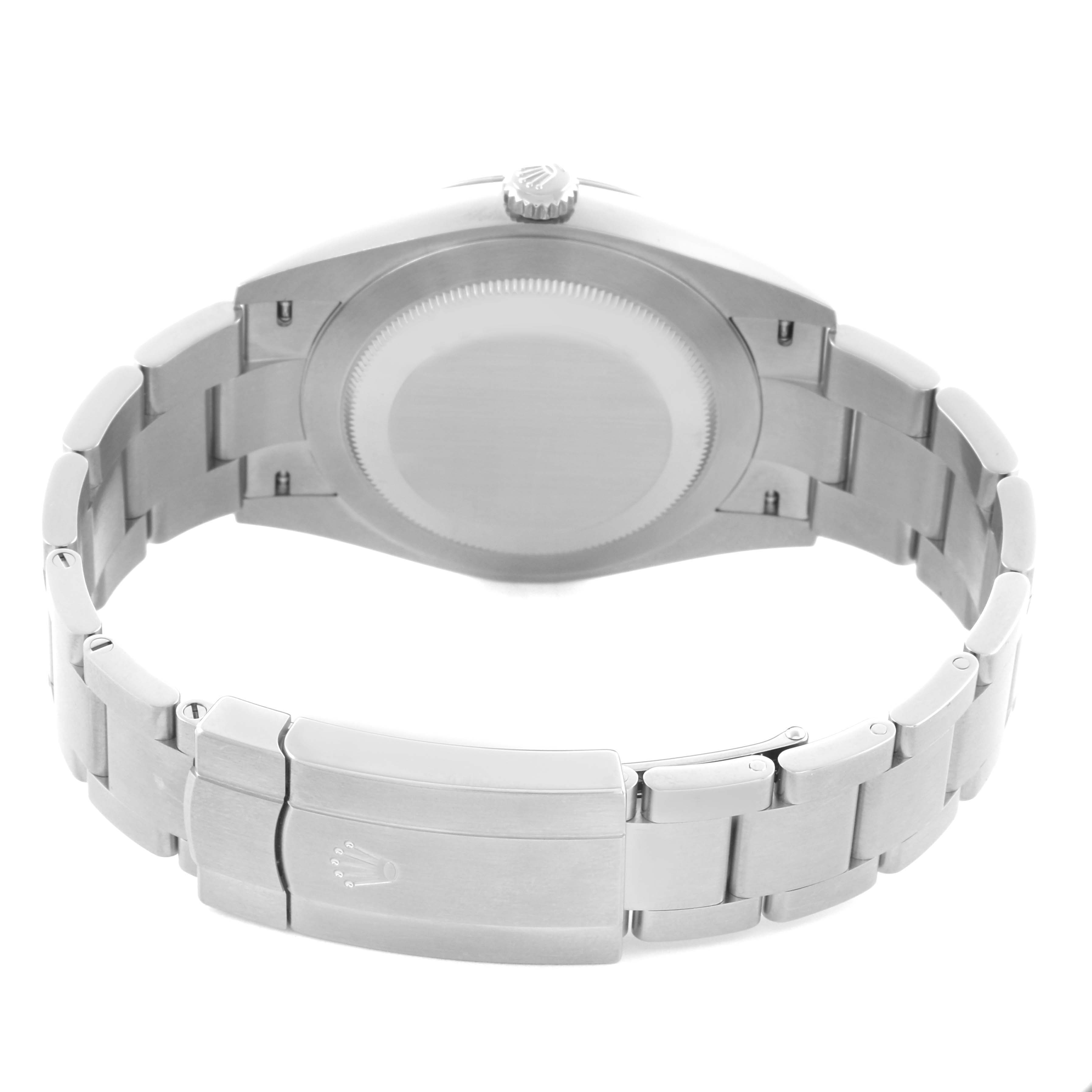 The image shows the back view of a Rolex Oyster Perpetual 124300 Men's Stainless Steel Black Dial, featuring the clasp and bracelet.