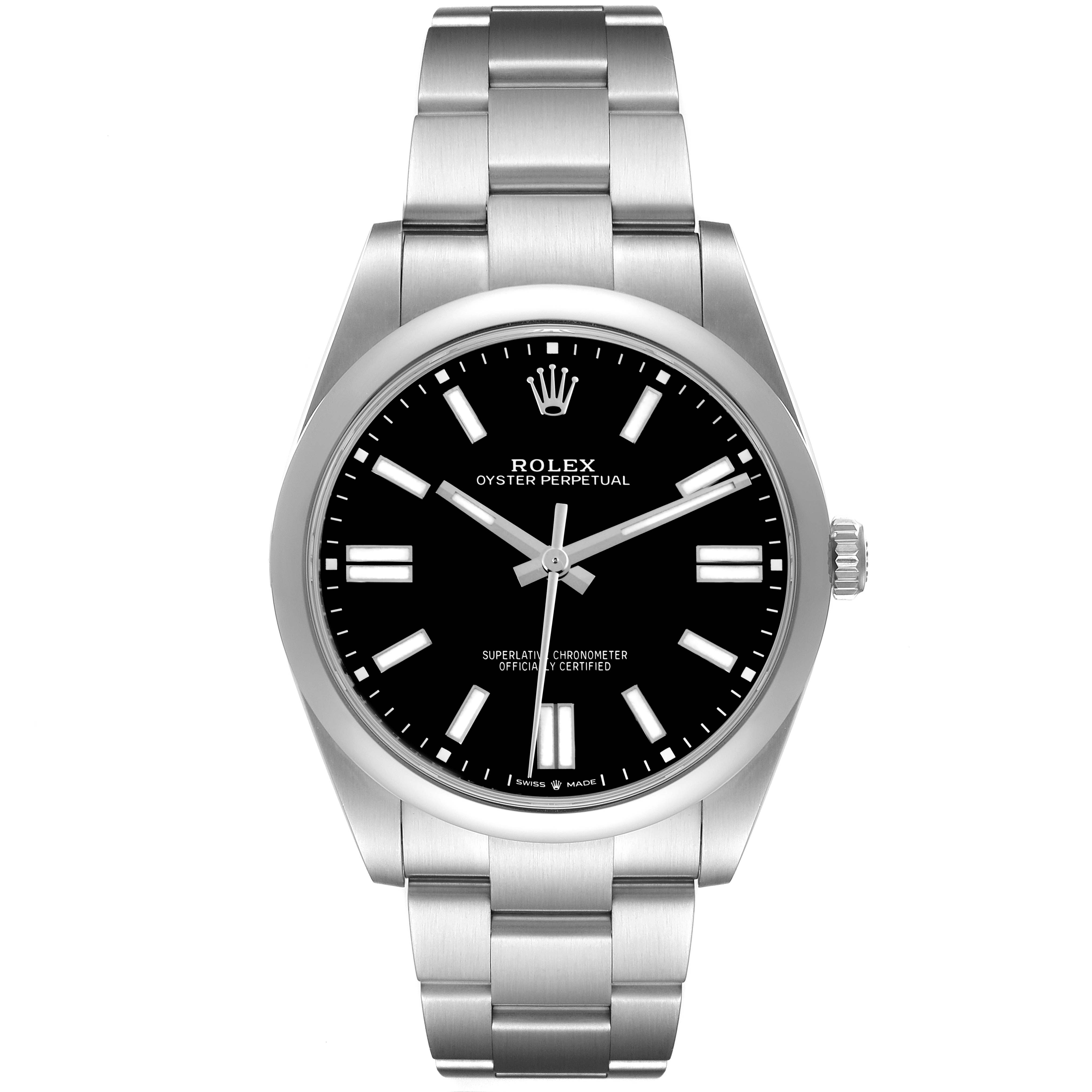 The Rolex Oyster Perpetual 124300 Men's Stainless Steel Black Dial watch is shown from a front angle, featuring the dial, bezel, and bracelet.
