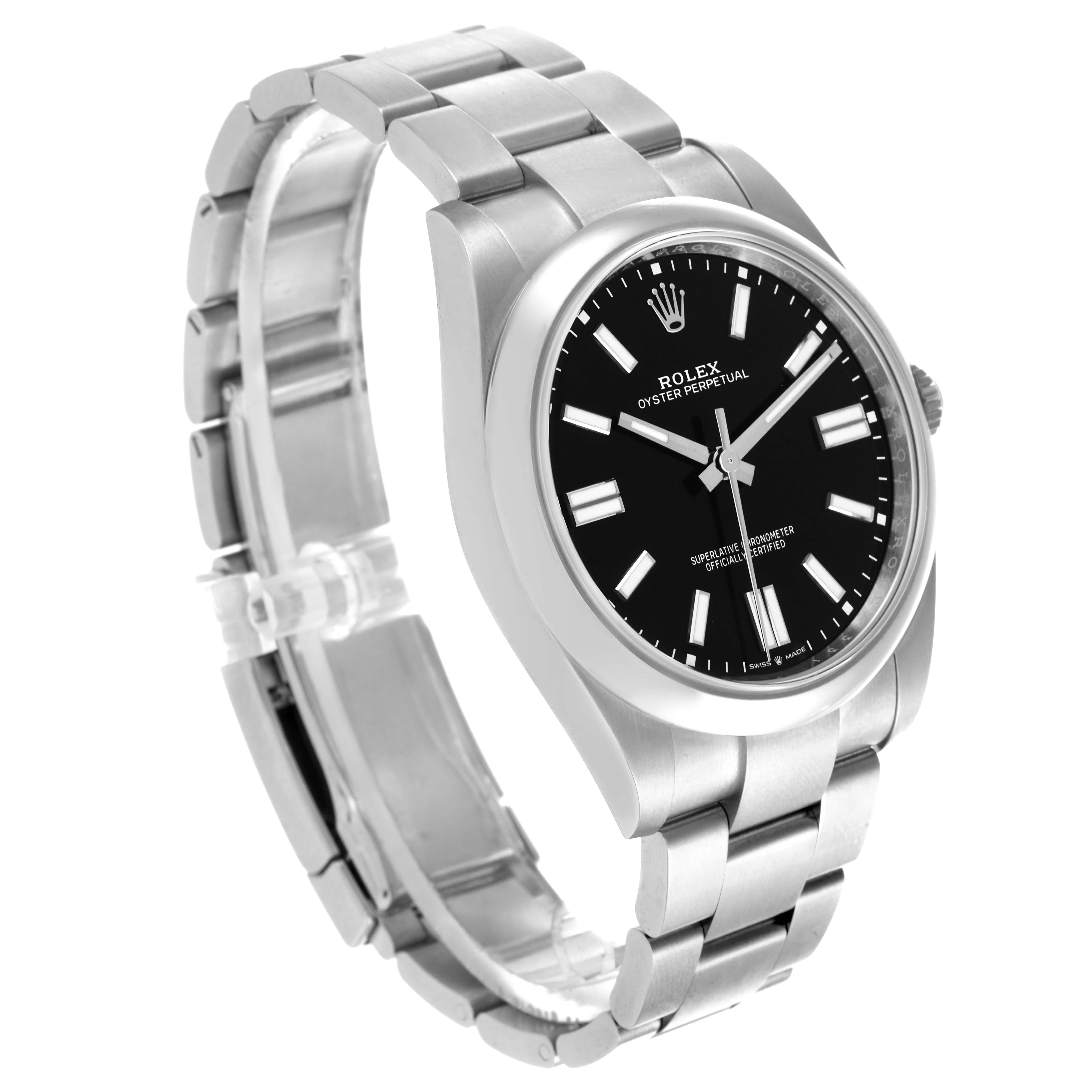 The Rolex Oyster Perpetual 124300 Men's Stainless Steel Black Dial watch is shown at a three-quarter angle, displaying the black dial, bezel, bracelet, and crown.