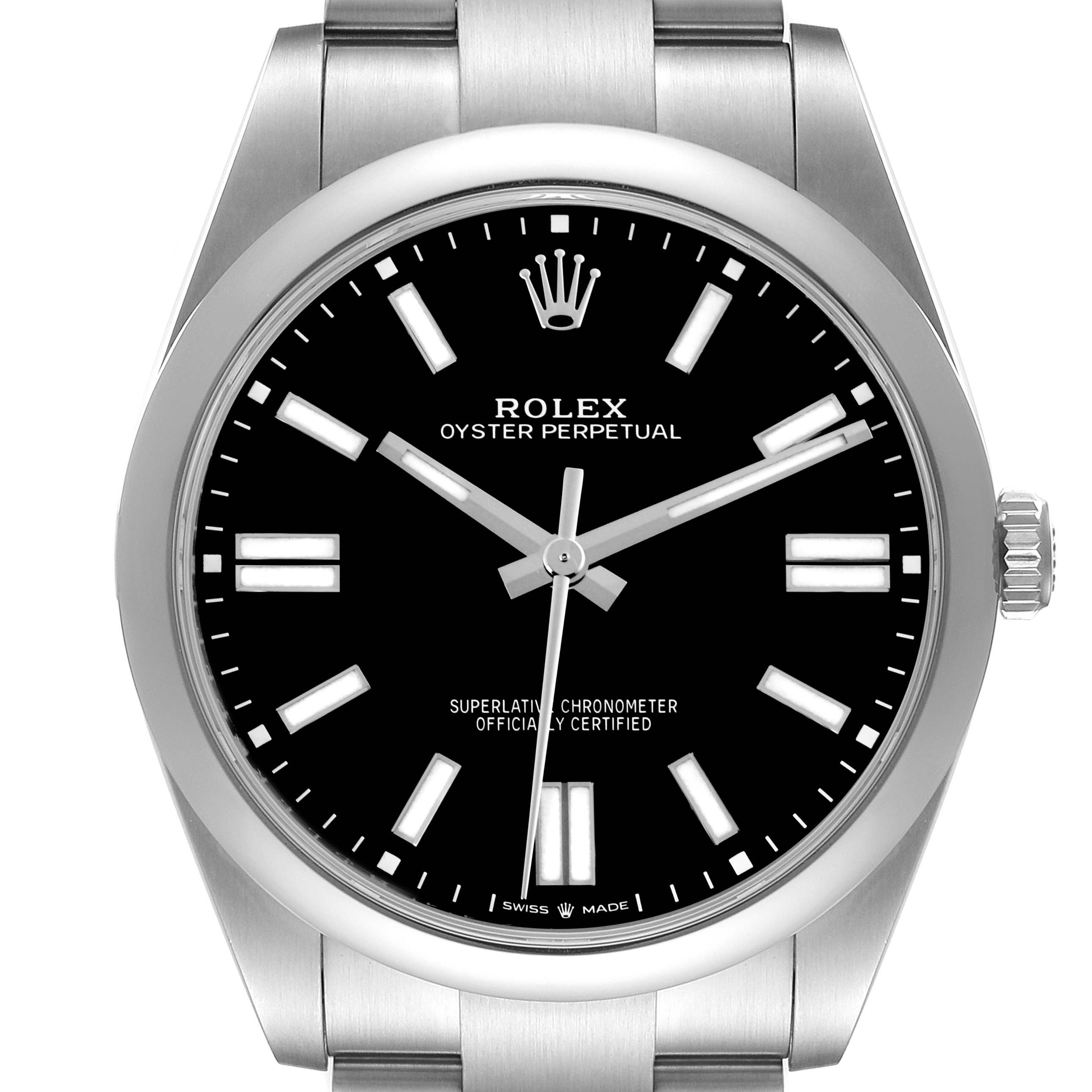 The Rolex Oyster Perpetual 124300 Men's Stainless Steel Black Dial watch is shown from the front, featuring the dial, bezel, crown, and part of the bracelet.