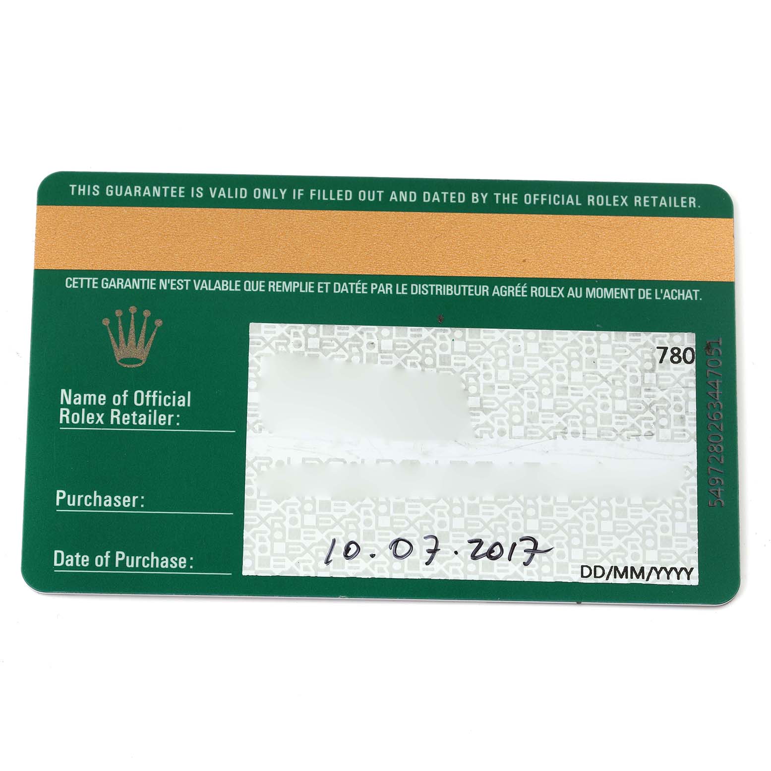 The image shows a Rolex warranty card for the Air-King model with purchase details partially filled.