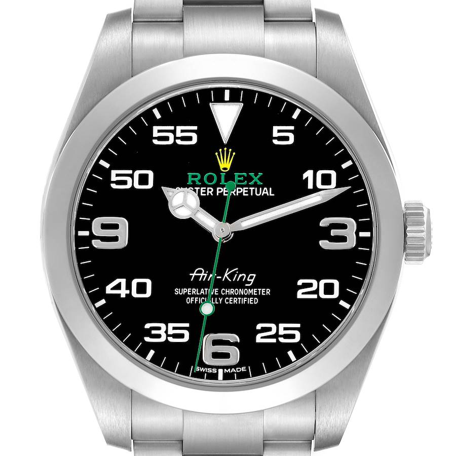 The Rolex Air-King watch is shown from a frontal angle, displaying the dial, bezel, and part of the bracelet.