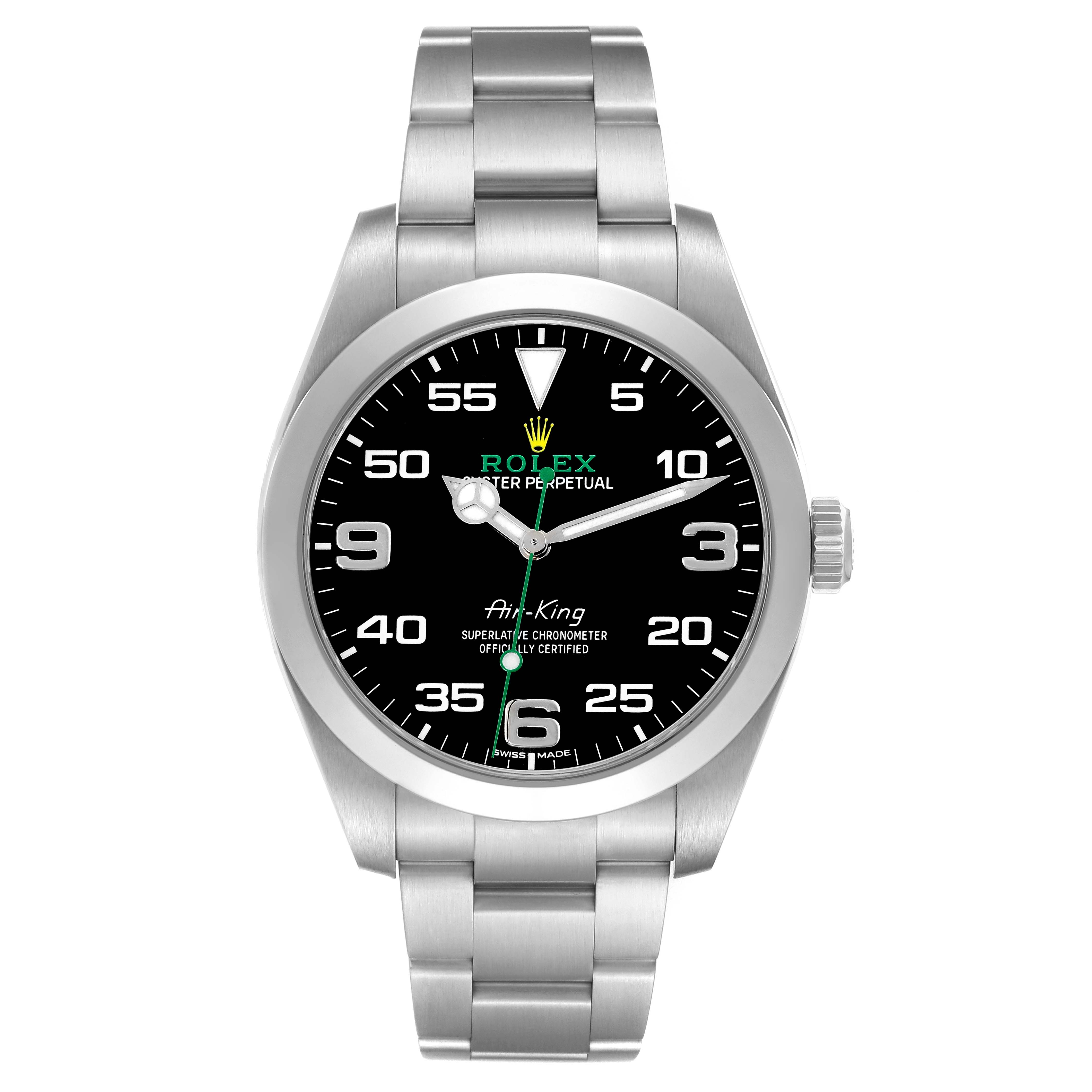 The Rolex Air-King 116900 Men's Stainless Steel Black Dial 116900 Men's Stainless Steel Black Dial watch is shown from a top-down angle, displaying its face, bezel, bracelet, and crown.