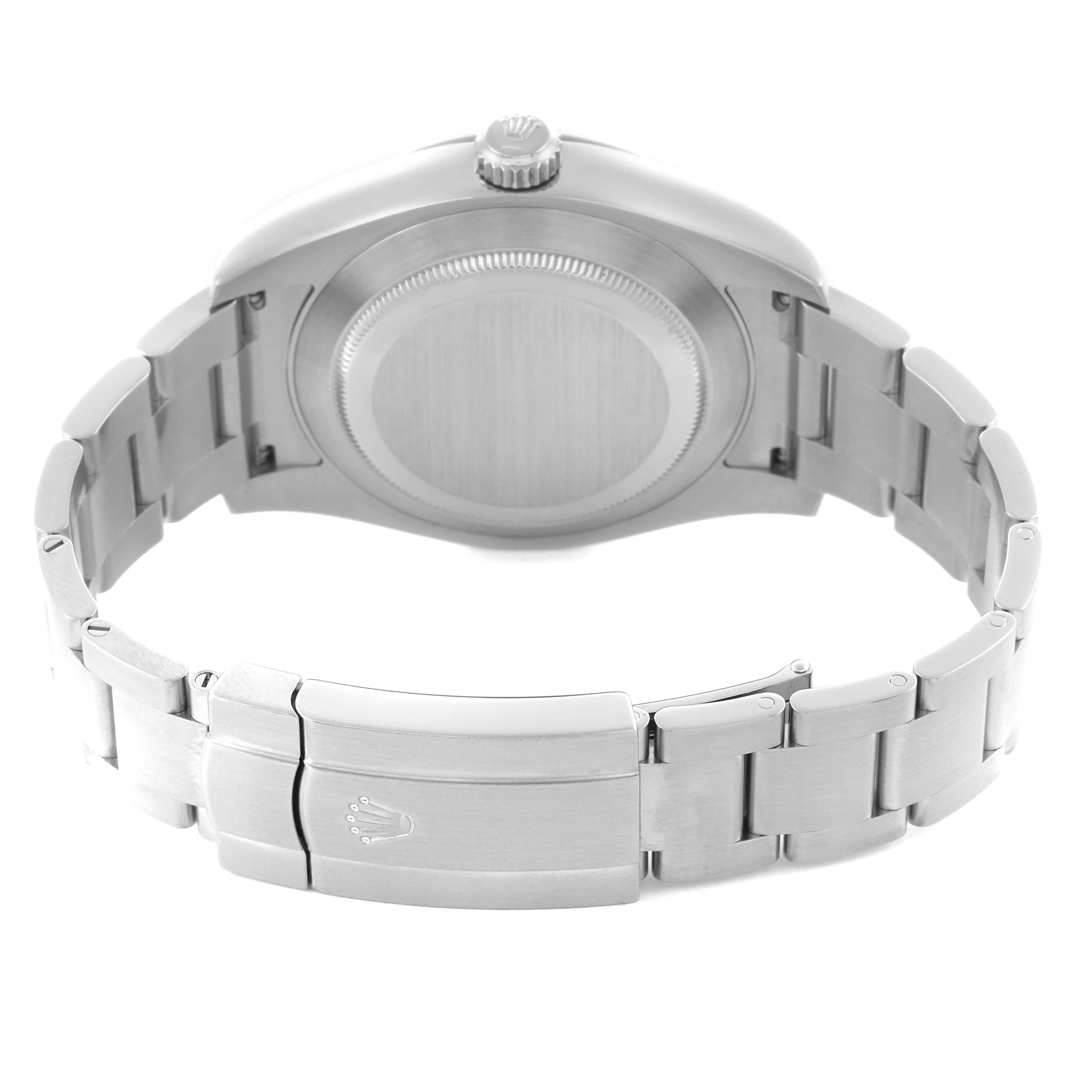 The Rolex Air-King 116900 Men's Stainless Steel Black Dial 116900 Men's Stainless Steel Black Dial is shown from the back, highlighting the bracelet, clasp, and case back.