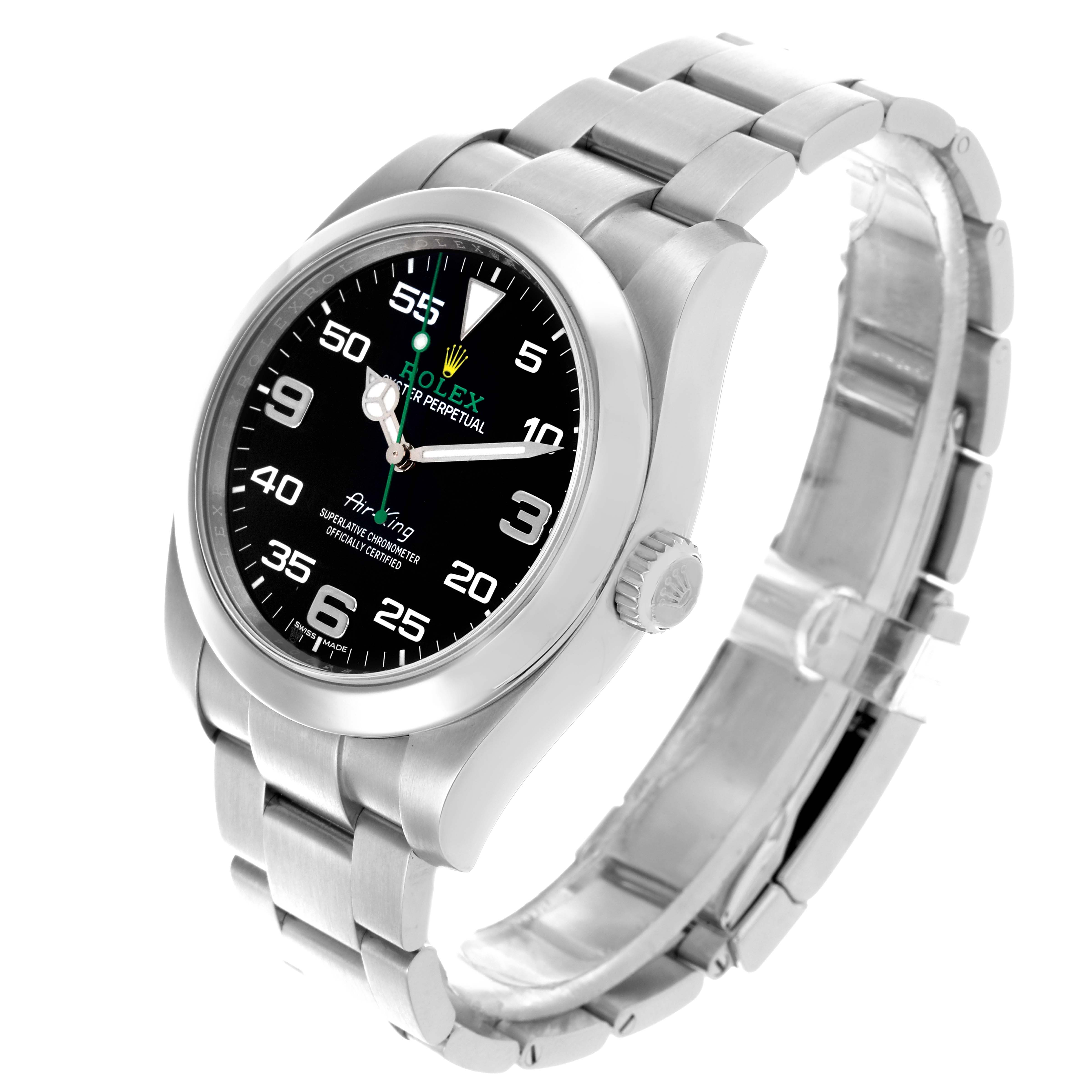 The Rolex Air-King 116900 Men's Stainless Steel Black Dial 116900 Men's Stainless Steel Black Dial watch is shown at a three-quarter angle, displaying the face, bezel, crown, and part of the bracelet.