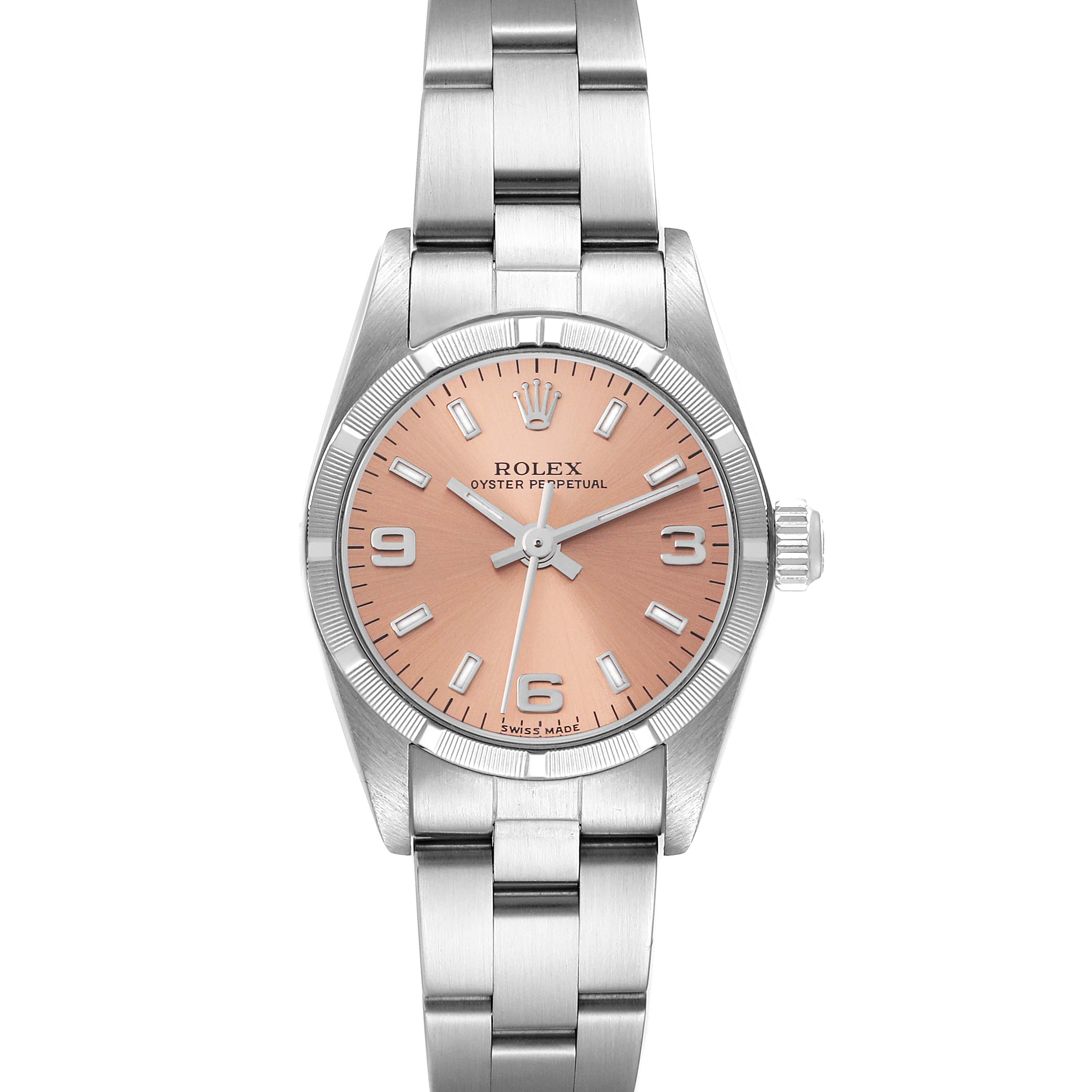 The image shows a front view of a Rolex Oyster Perpetual 76030 Women
s Stainless Steel Pink Dial 76030 Women
s Stainless Steel Pink Dial watch with a pink dial and stainless steel bracelet.
