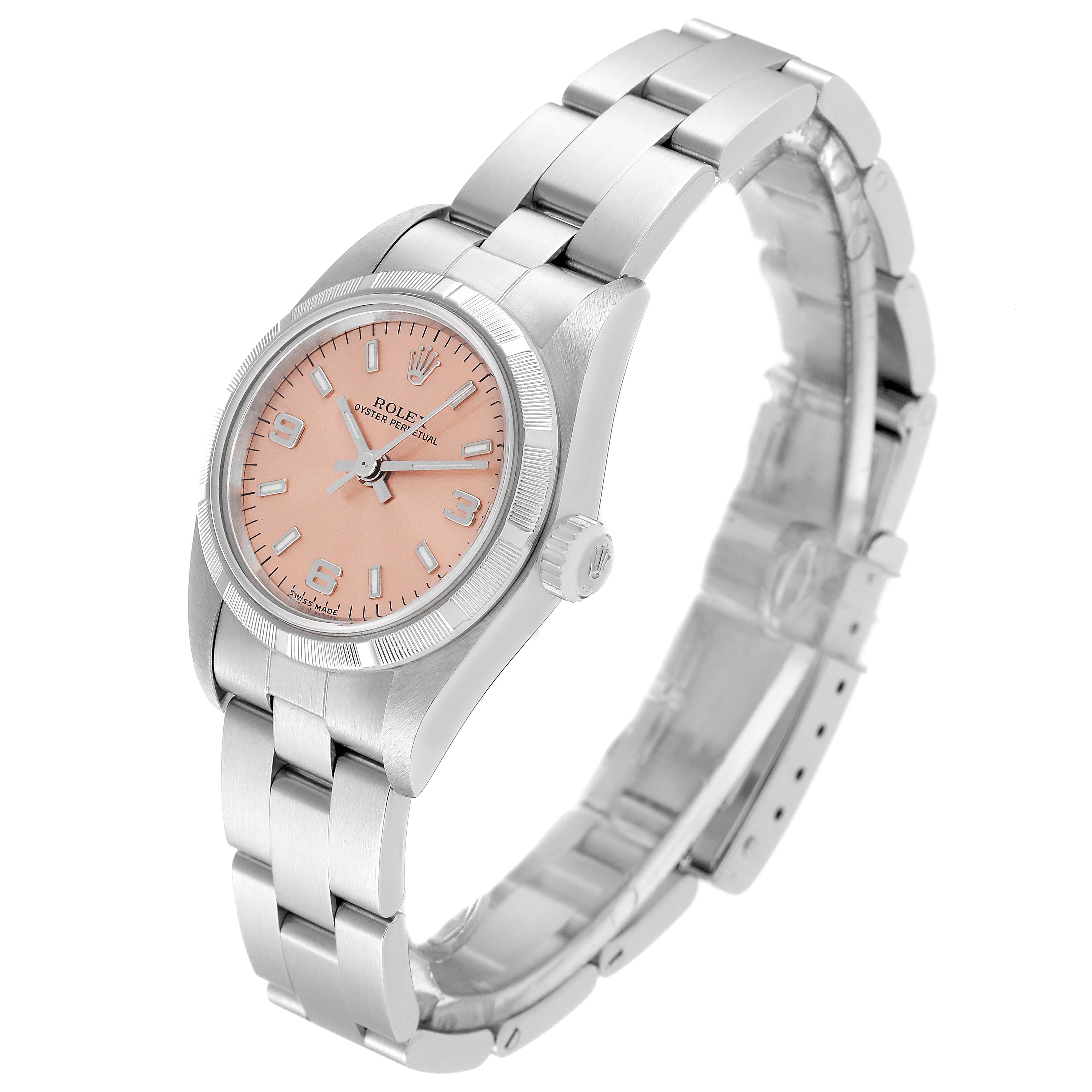 This image shows a Rolex Oyster Perpetual 76030 Women
s Stainless Steel Pink Dial 76030 Women
s Stainless Steel Pink Dial watch at a three-quarter angle, displaying the face, crown, bezel, and bracelet.