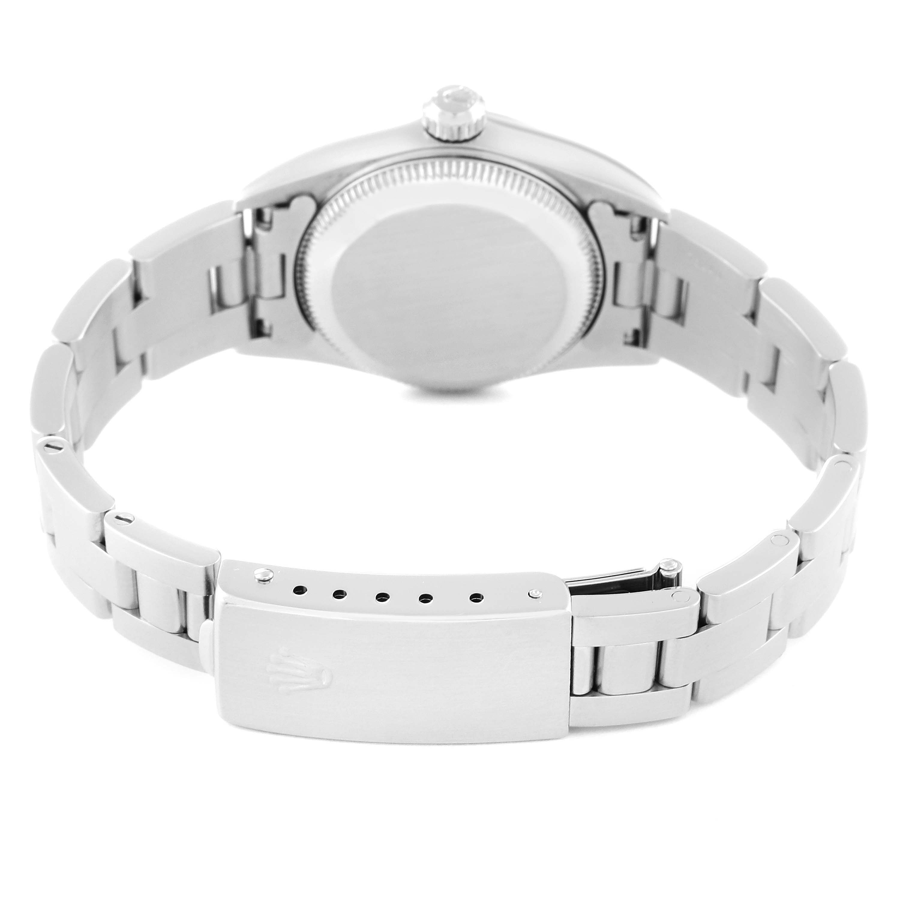 This image shows the back view of a Rolex Oyster Perpetual 76030 Women
s Stainless Steel Pink Dial 76030 Women
s Stainless Steel Pink Dial watch, highlighting the bracelet and clasp.