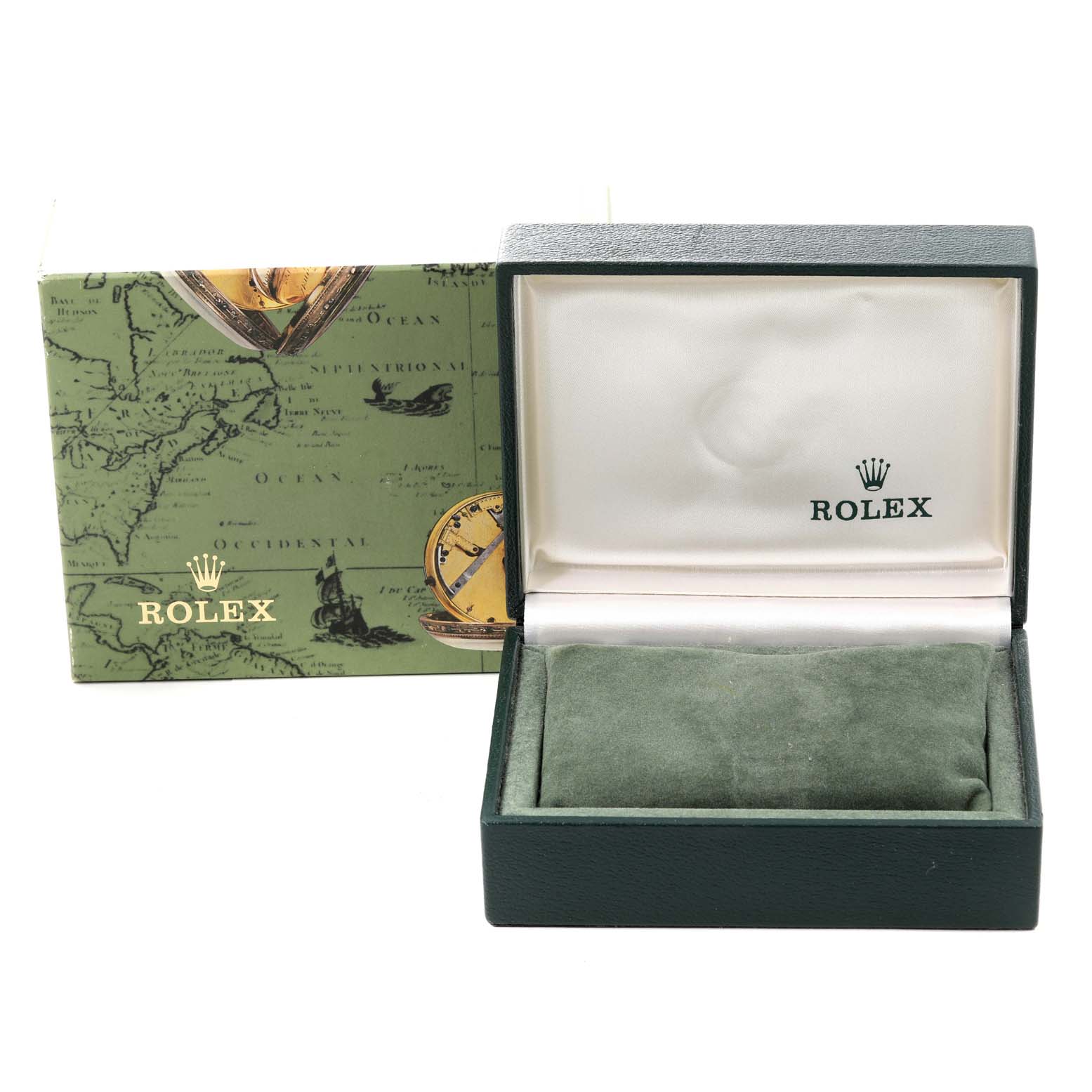 The image shows a green Rolex Oyster Perpetual 76030 Women
s Stainless Steel Pink Dial 76030 Women
s Stainless Steel Pink Dial watch box with the interior open and the lid up.