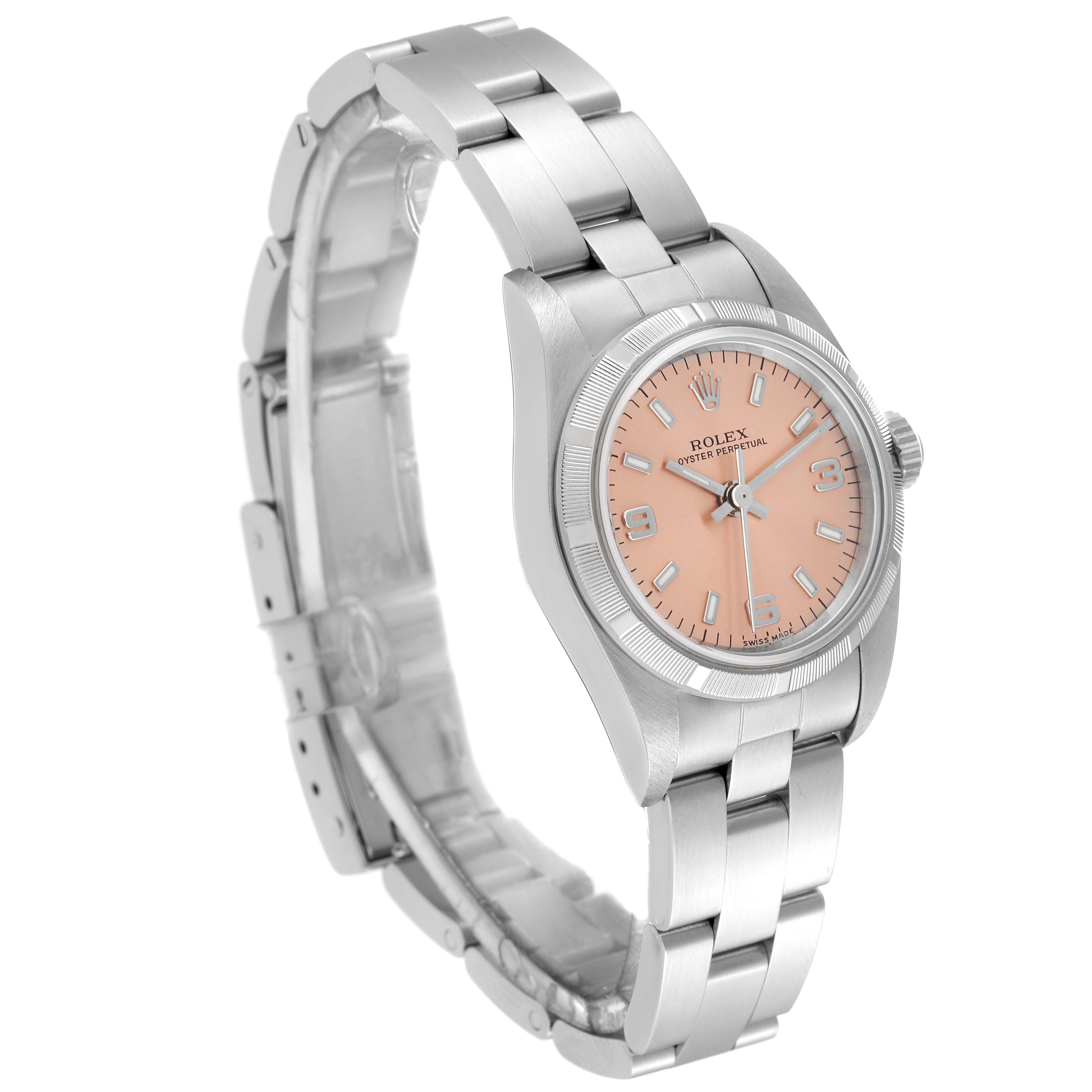 The image shows a Rolex Oyster Perpetual 76030 Women
s Stainless Steel Pink Dial 76030 Women
s Stainless Steel Pink Dial watch angled to display the dial, bezel, bracelet, and lugs.