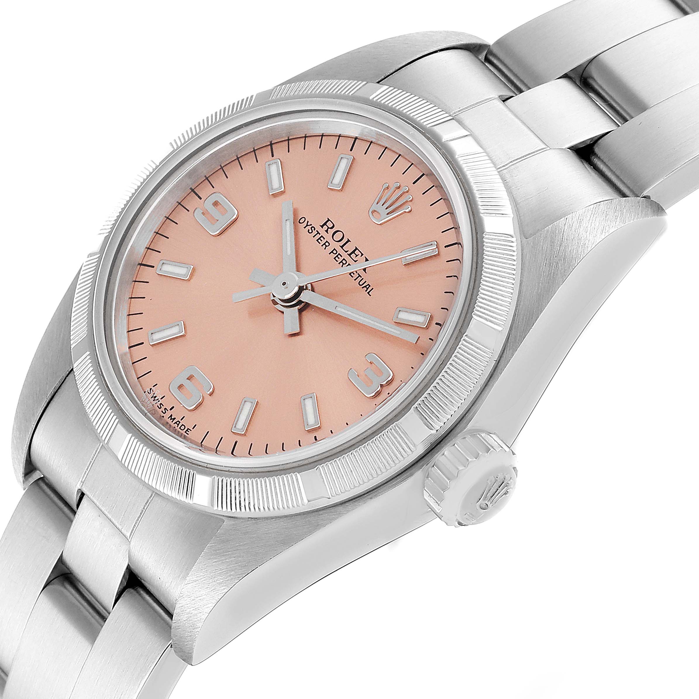 The image shows a close-up of the front and side of a Rolex Oyster Perpetual 76030 Women
s Stainless Steel Pink Dial 76030 Women
s Stainless Steel Pink Dial watch, highlighting its pink dial and metal bracelet.