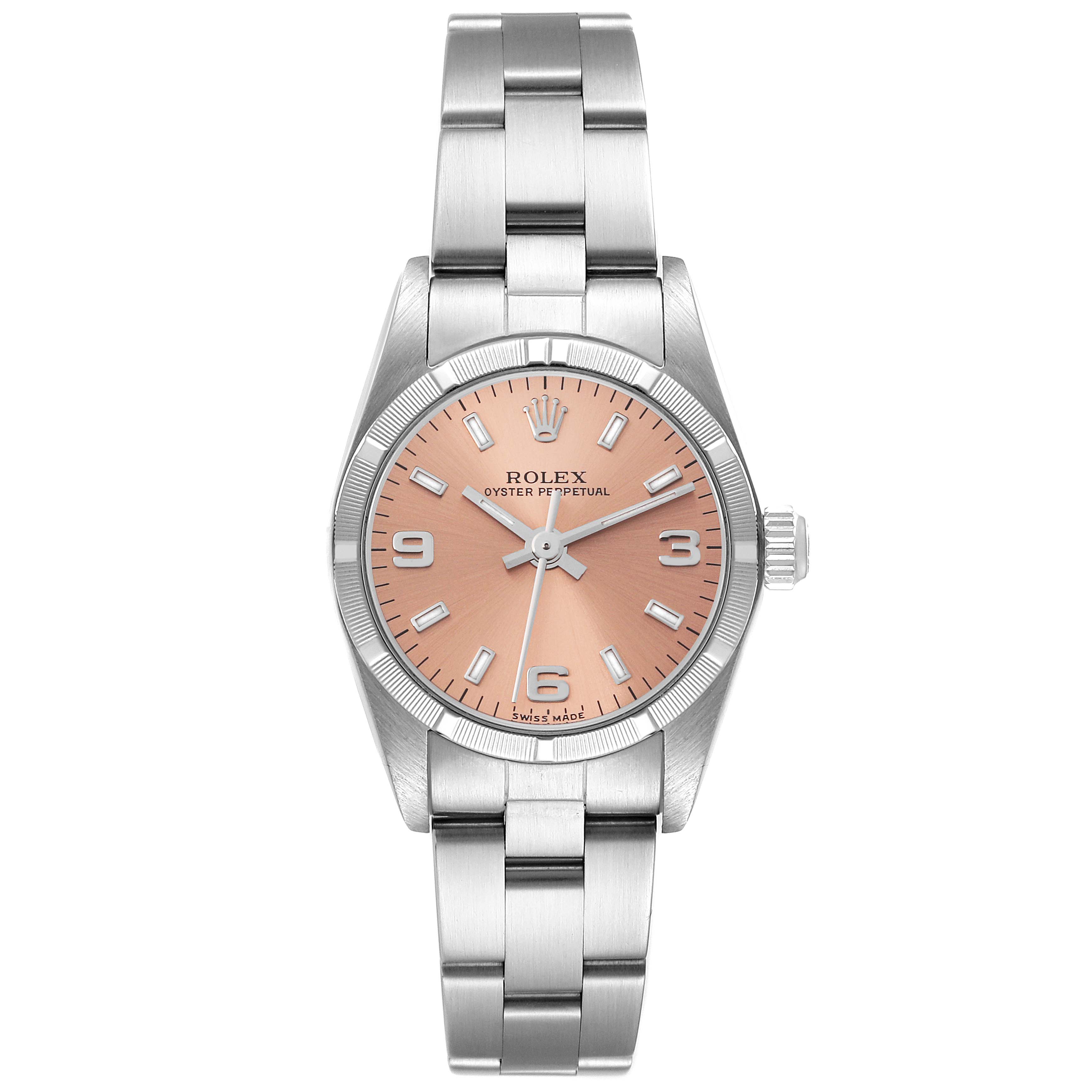 The image shows a front view of a Rolex Oyster Perpetual 76030 Women
s Stainless Steel Pink Dial 76030 Women
s Stainless Steel Pink Dial watch, featuring a stainless steel band and a pink dial.