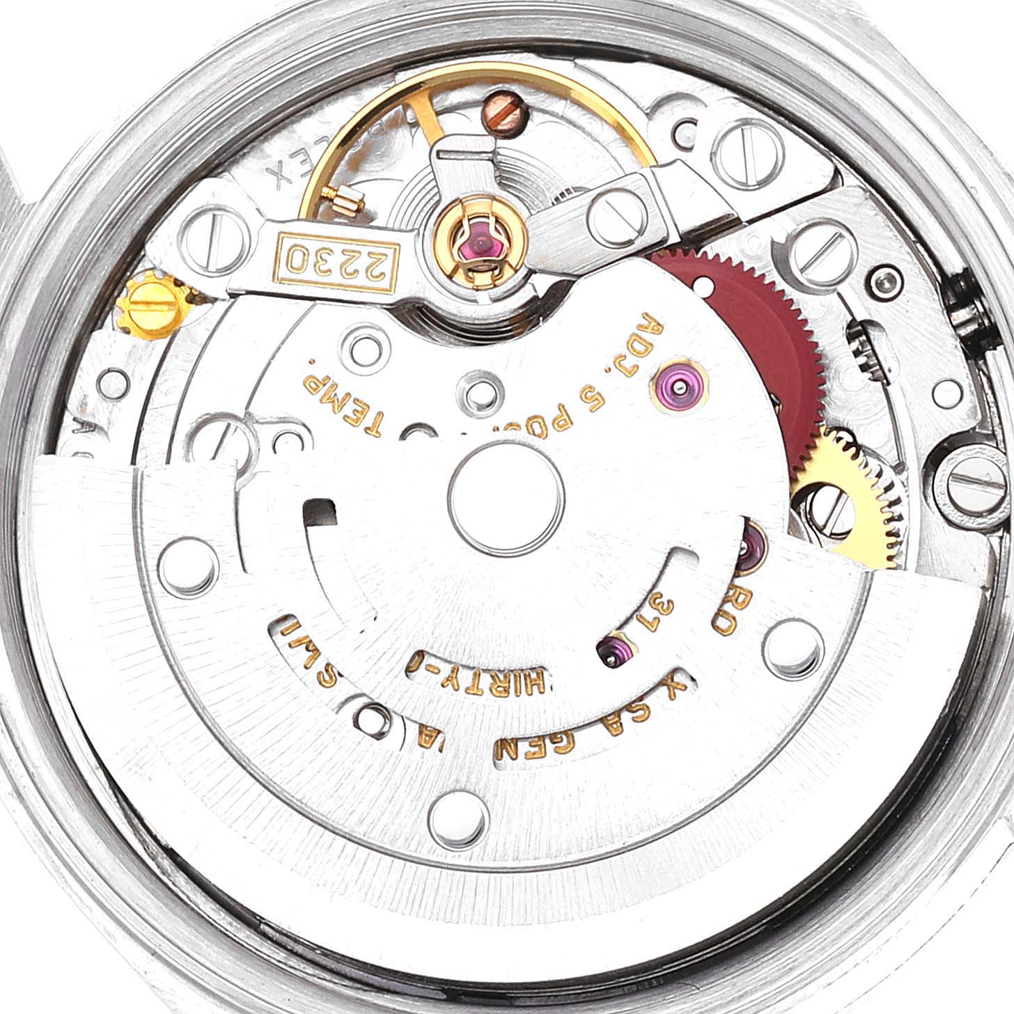 The image shows the inner mechanism of a Rolex Oyster Perpetual 76030 Women
s Stainless Steel Pink Dial 76030 Women
s Stainless Steel Pink Dial watch from a top-down angle.