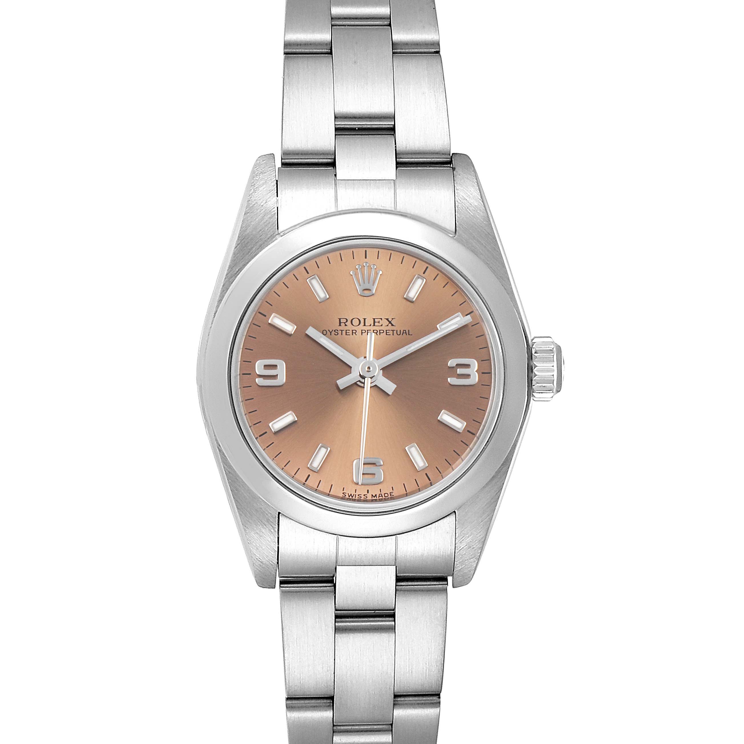 This image shows a front view of a Rolex Oyster Perpetual 76080 Women's Stainless Steel Pink Dial 76080 Women's Stainless Steel Pink Dial watch, highlighting its peach dial, stainless steel case, and bracelet.