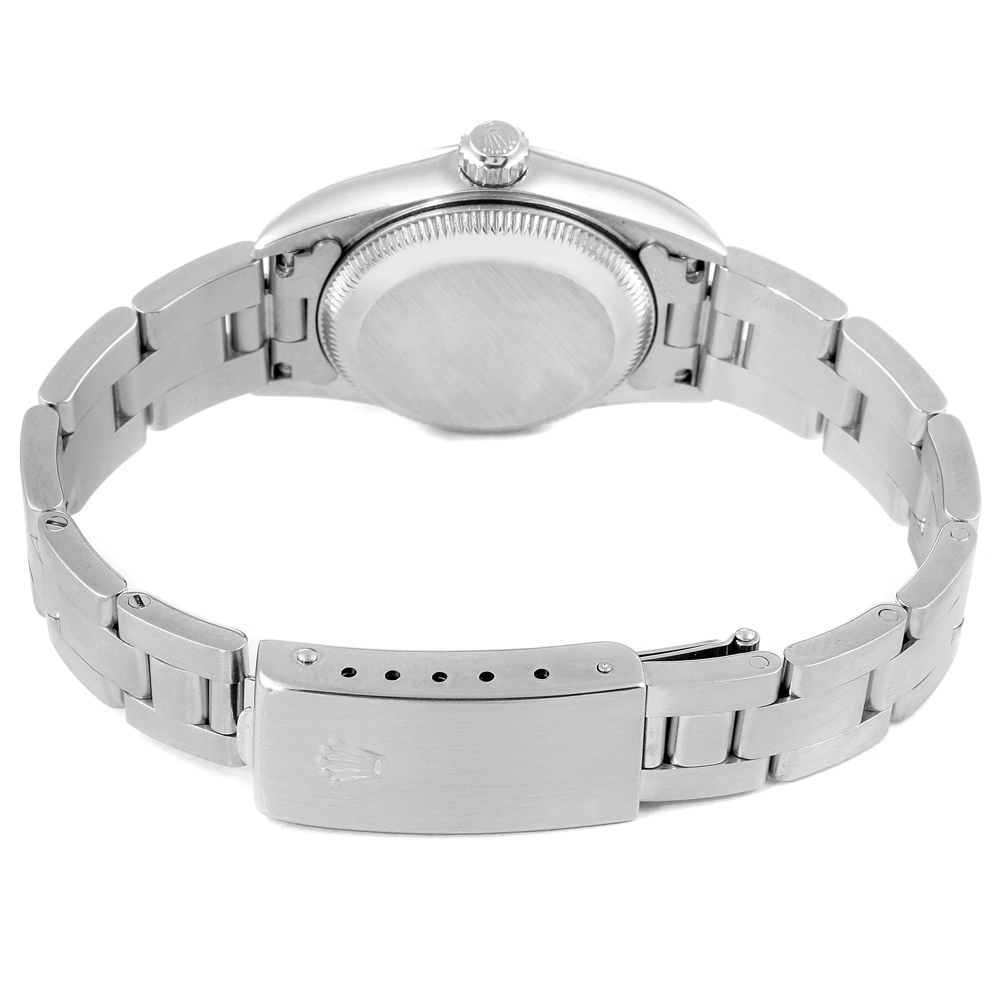 This image shows the back view of a Rolex Oyster Perpetual 76080 Women's Stainless Steel Pink Dial 76080 Women's Stainless Steel Pink Dial watch, highlighting the bracelet, clasp, and case.