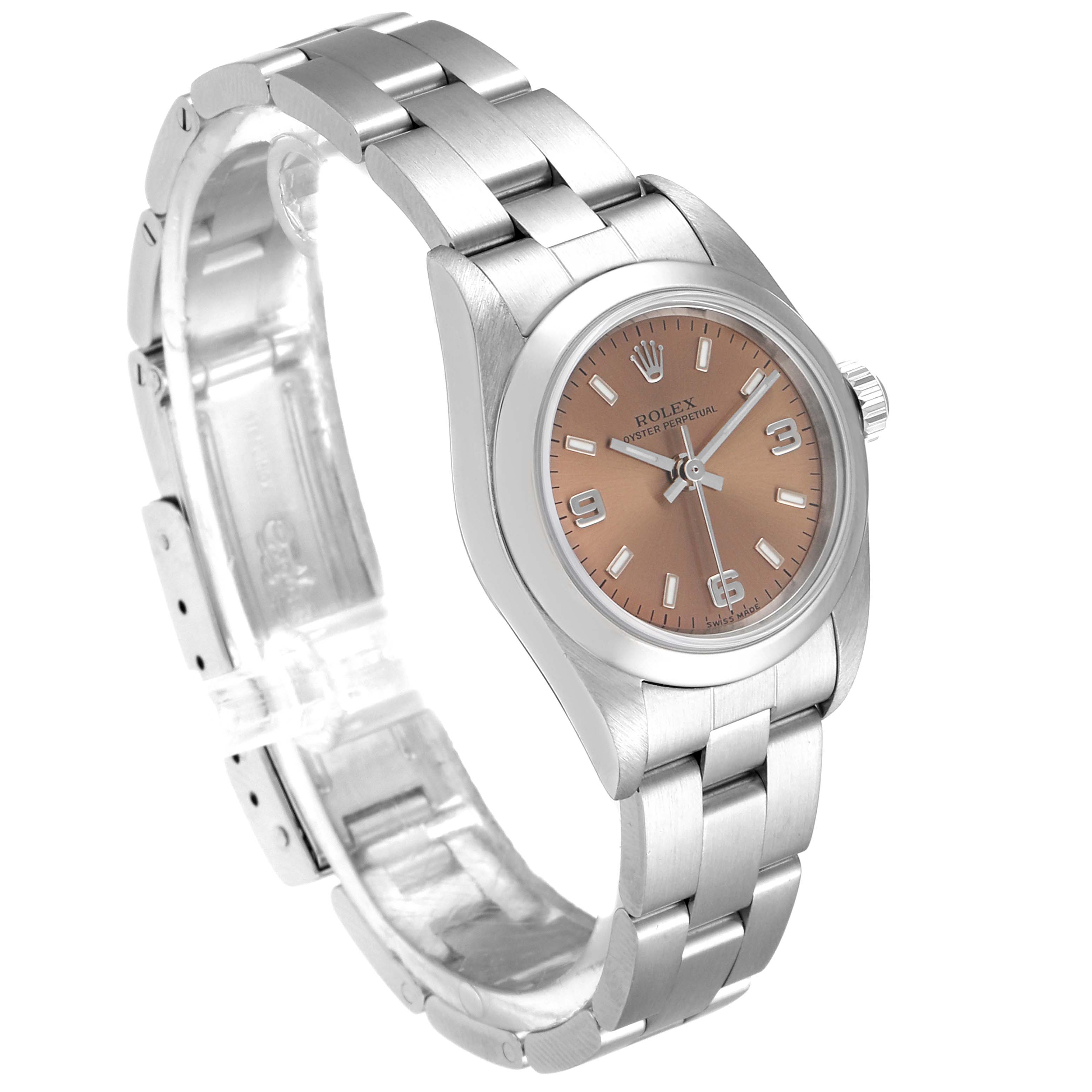 The Rolex Oyster Perpetual 76080 Women's Stainless Steel Pink Dial 76080 Women's Stainless Steel Pink Dial watch is shown at a slight angle displaying the face, bezel, crown, and bracelet.