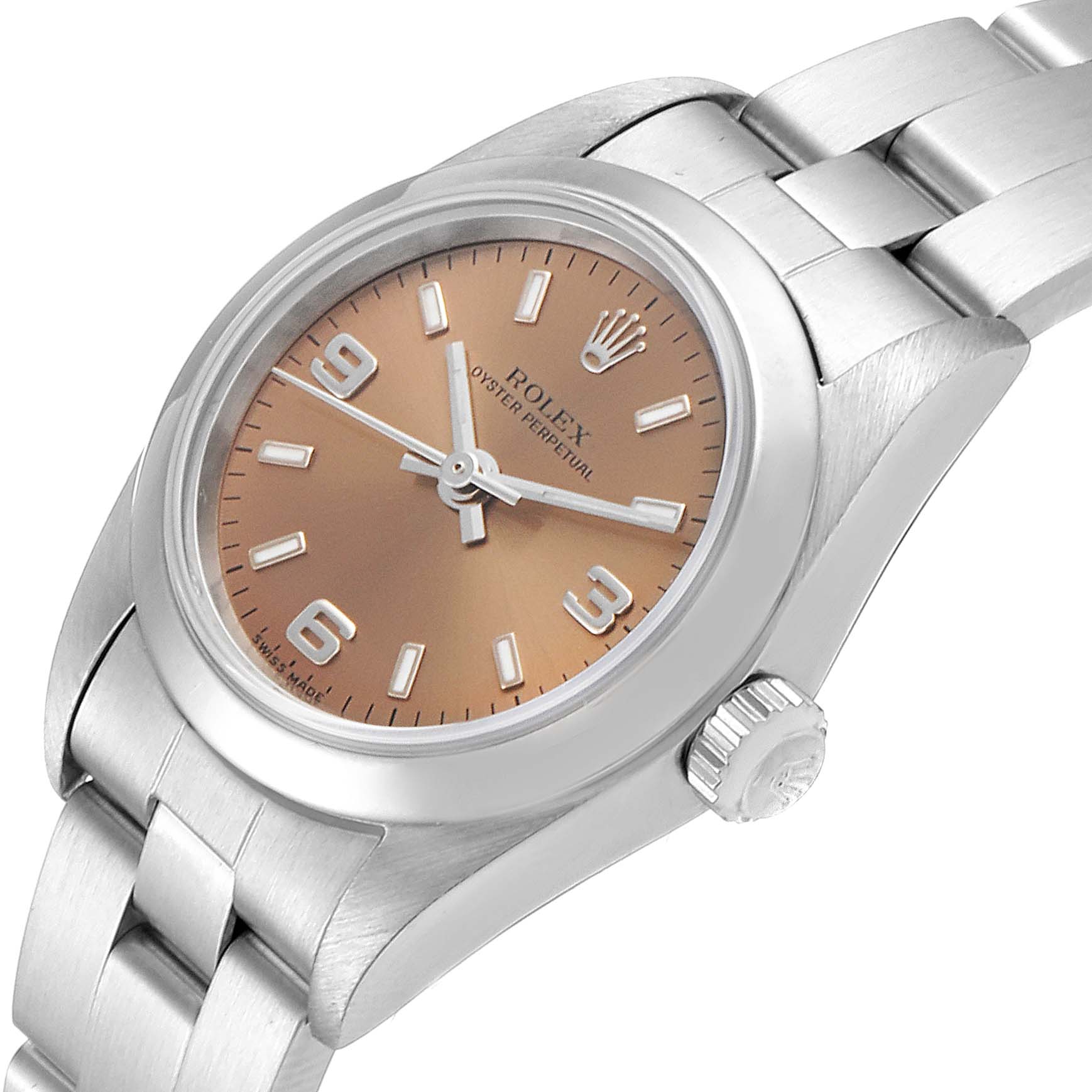 The image shows a Rolex Oyster Perpetual 76080 Women's Stainless Steel Pink Dial 76080 Women's Stainless Steel Pink Dial watch angled to display the face, crown, and part of the bracelet.