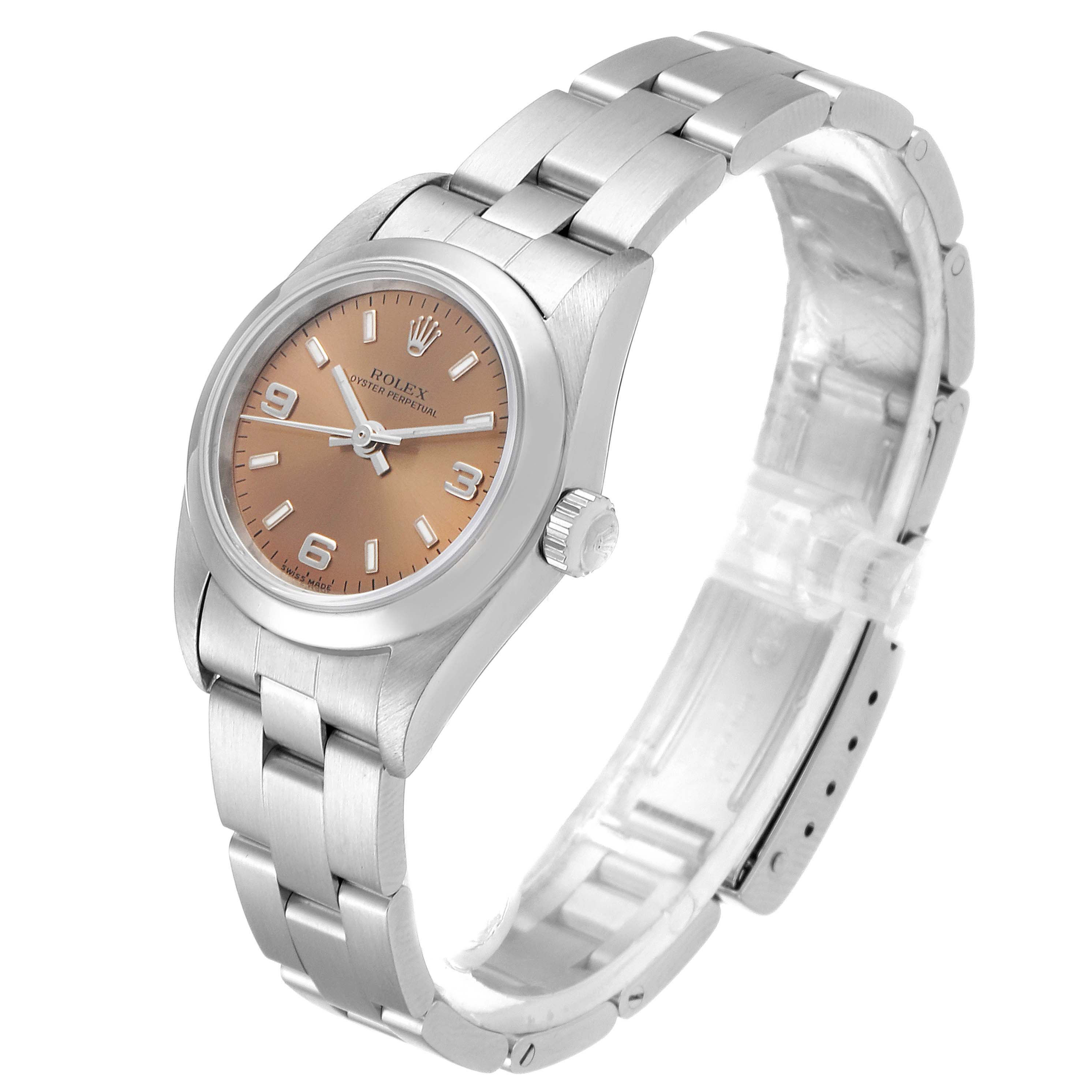 The image shows a Rolex Oyster Perpetual 76080 Women's Stainless Steel Pink Dial 76080 Women's Stainless Steel Pink Dial watch at an angled side view, displaying the dial, crown, and bracelet.