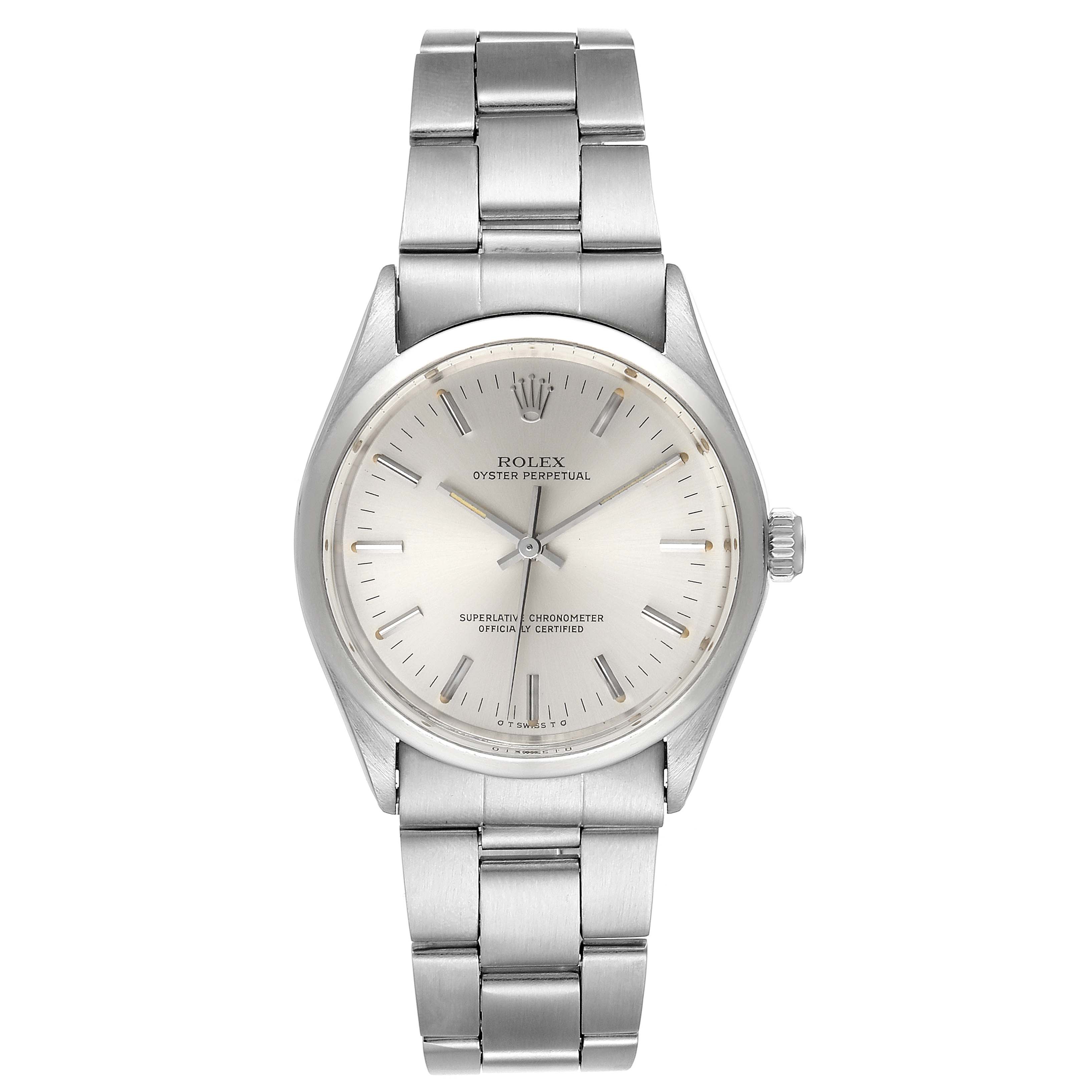 This is a front view of a Rolex Vintage Collection 1002 Men's Stainless Steel Silver Dial 1002 Men's Stainless Steel Silver Dial model, showing the dial, hands, case, and metal bracelet.