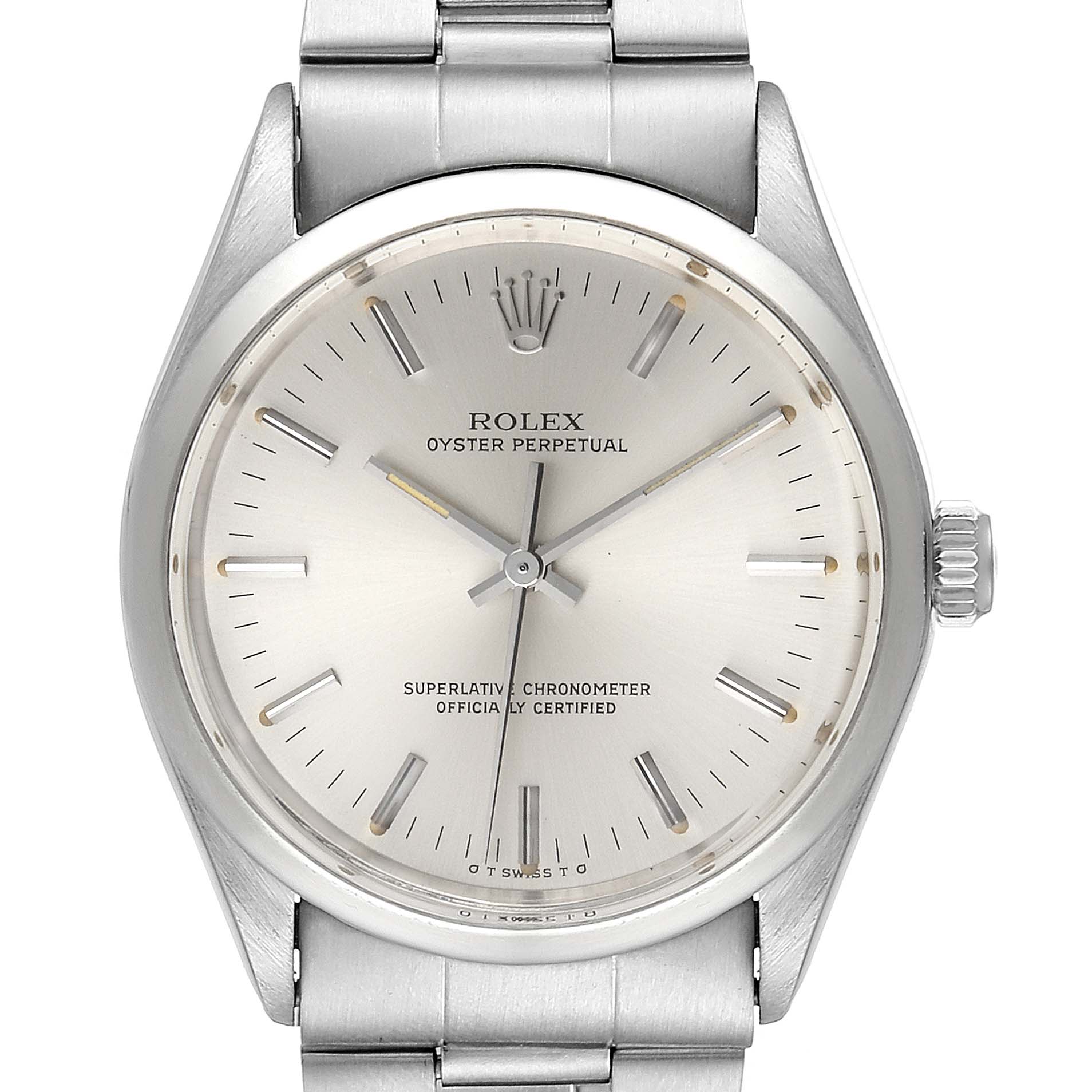 The image shows a front view of the Rolex Vintage Collection 1002 Men's Stainless Steel Silver Dial 1002 Men's Stainless Steel Silver Dial watch, highlighting the silver dial, hands, markers, and part of the bracelet.