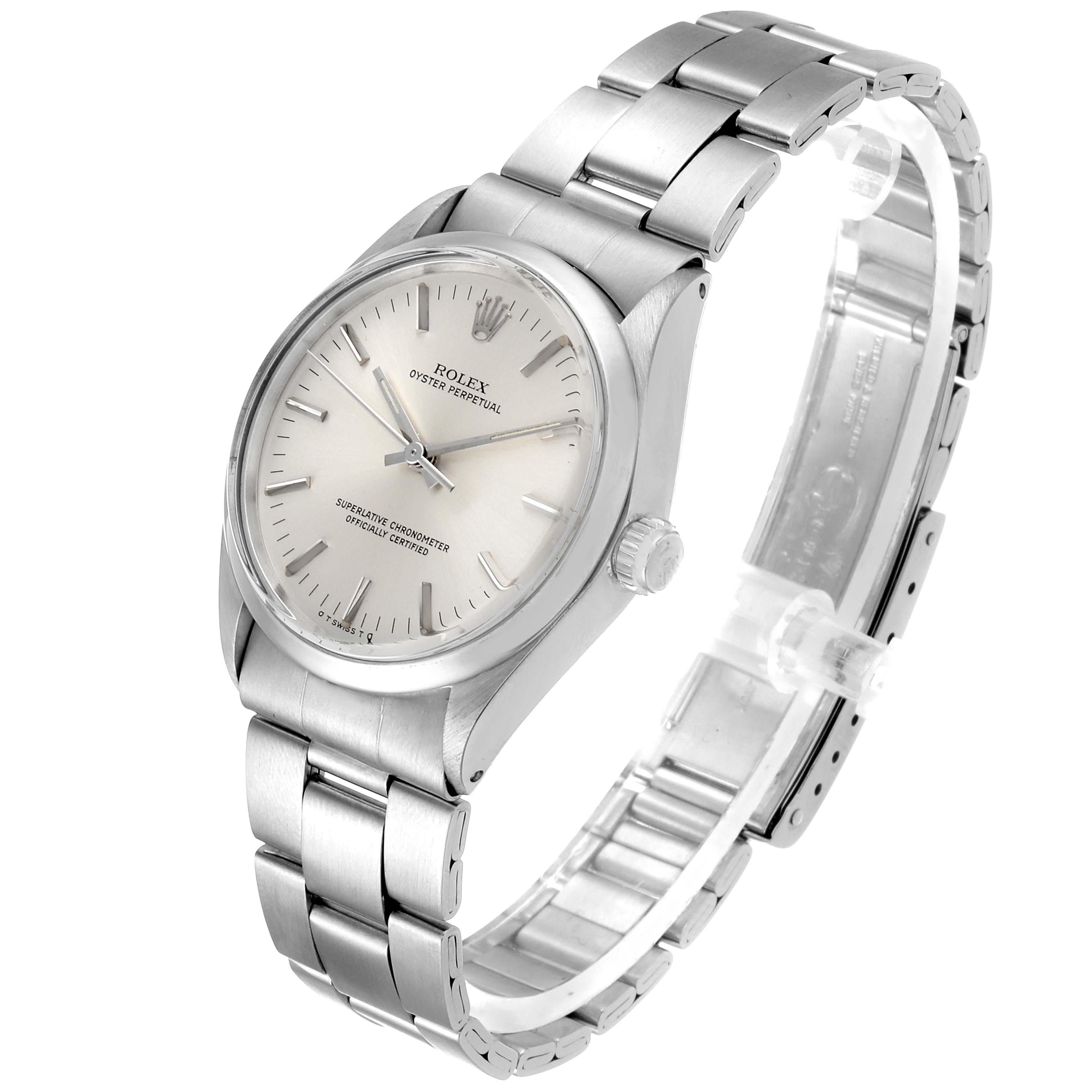 The Rolex Vintage Collection 1002 Men's Stainless Steel Silver Dial 1002 Men's Stainless Steel Silver Dial watch is shown from an angled top-side view, displaying its face, bezel, crown, and bracelet.