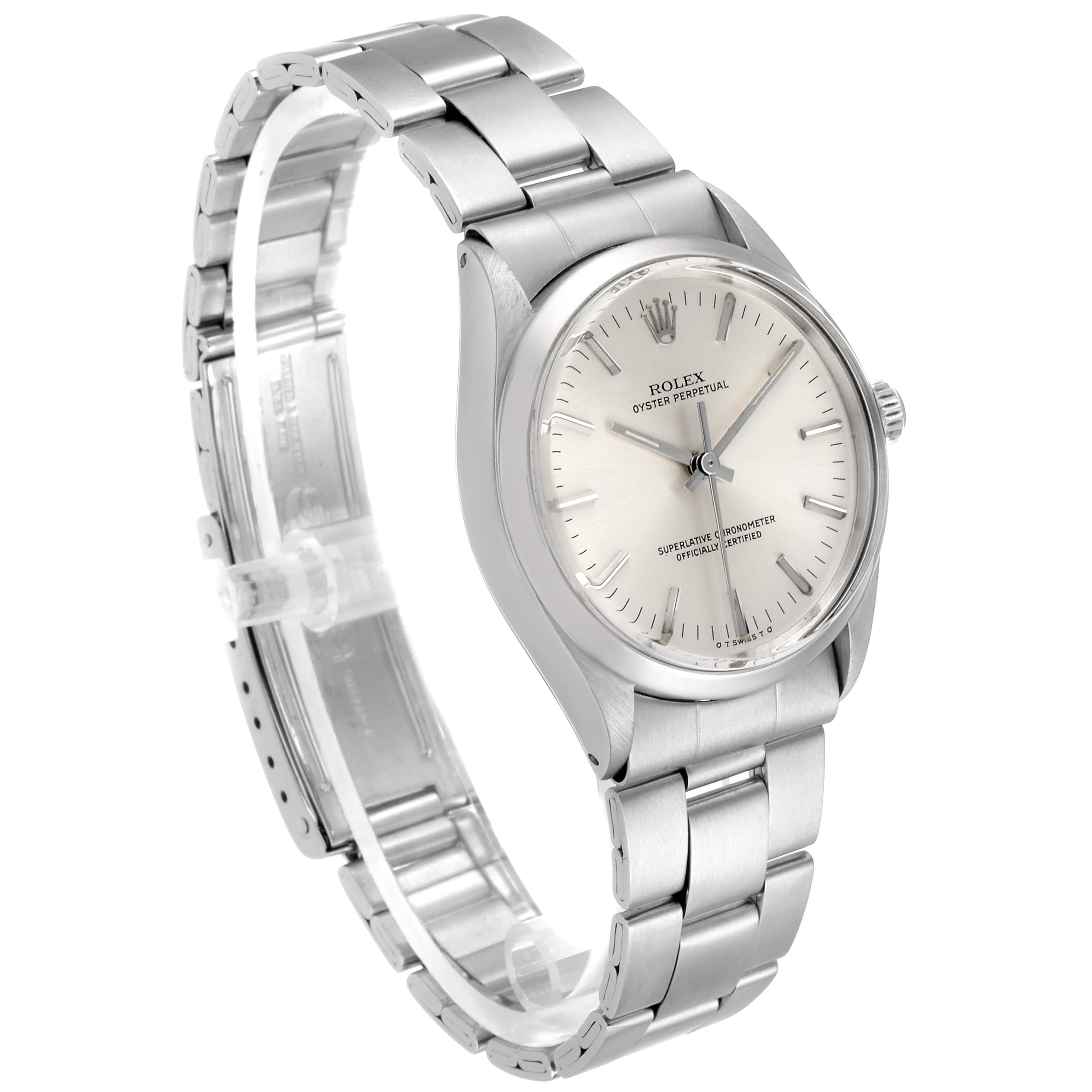 The image shows a side-angle view of a Rolex Vintage Collection 1002 Men's Stainless Steel Silver Dial 1002 Men's Stainless Steel Silver Dial watch, displaying its stainless steel band and dial.