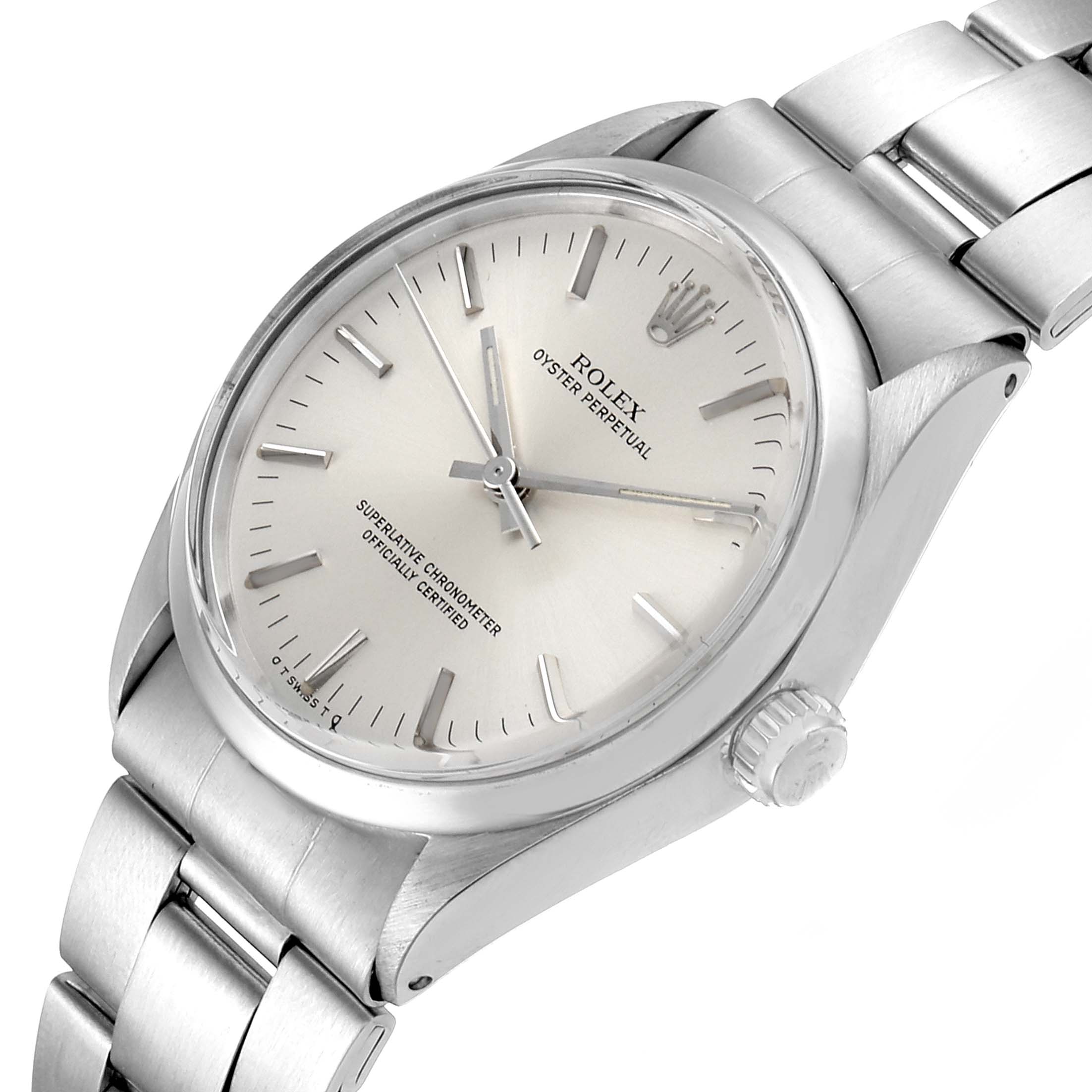 The image shows a close-up angle of the Rolex Vintage Collection 1002 Men's Stainless Steel Silver Dial 1002 Men's Stainless Steel Silver Dial watch, highlighting the face, bezel, crown, and part of the bracelet.