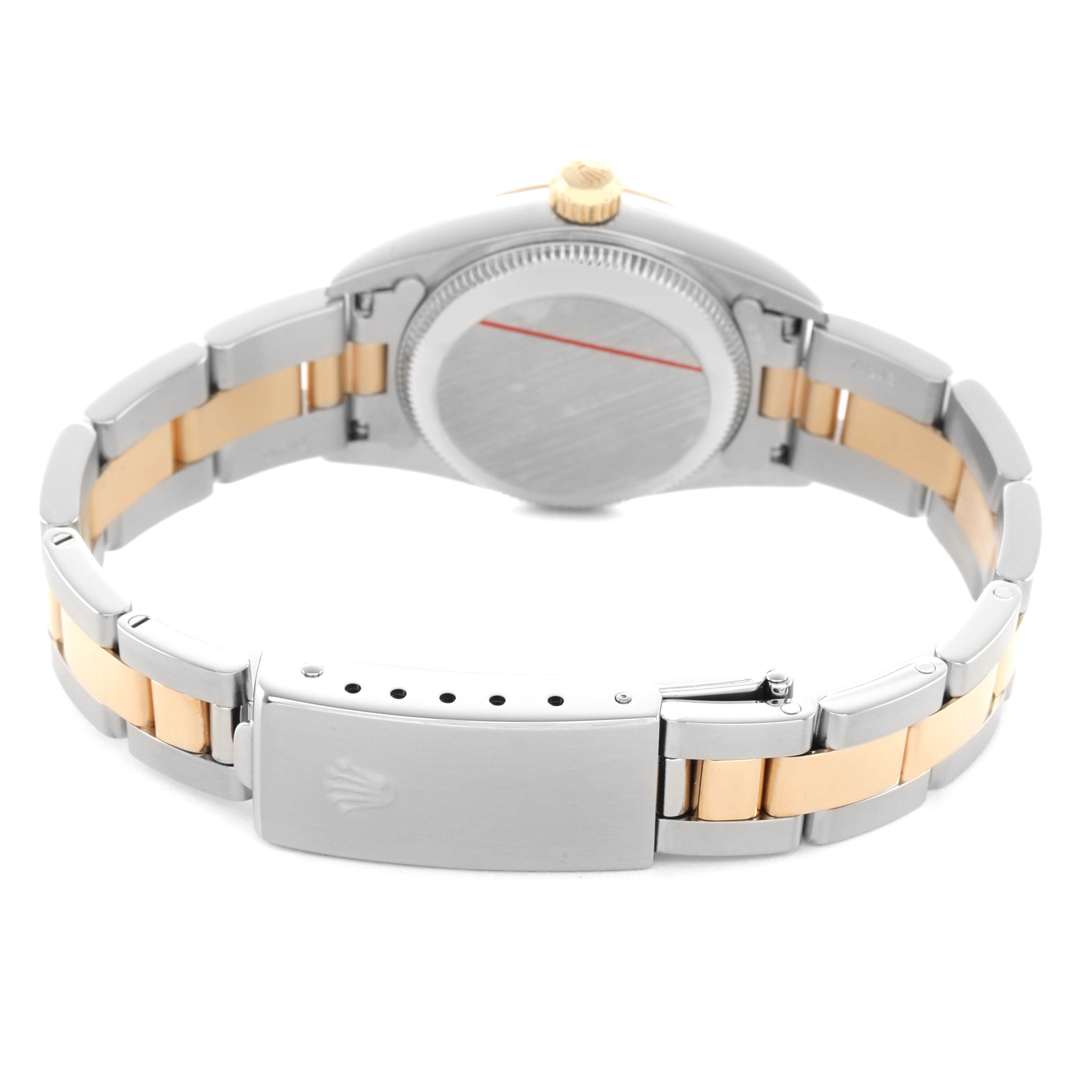 The image shows the back of a Rolex Oyster Perpetual 76183 Women's Steel and Gold (two tone) Champagne Dial watch, focusing on the clasp, bracelet, and case back.