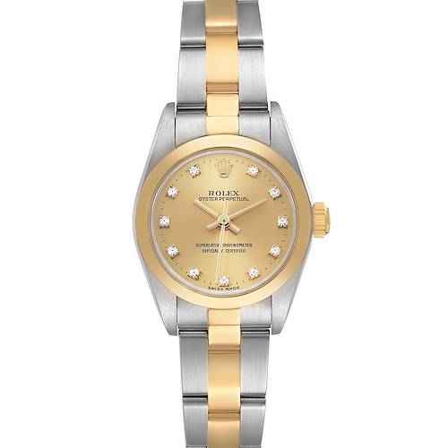 The Rolex Oyster Perpetual 76183 Women's Steel and Gold (two tone) Champagne Dial watch is shown from a front angle, featuring a gold and silver bracelet and a gold dial with diamond markers.